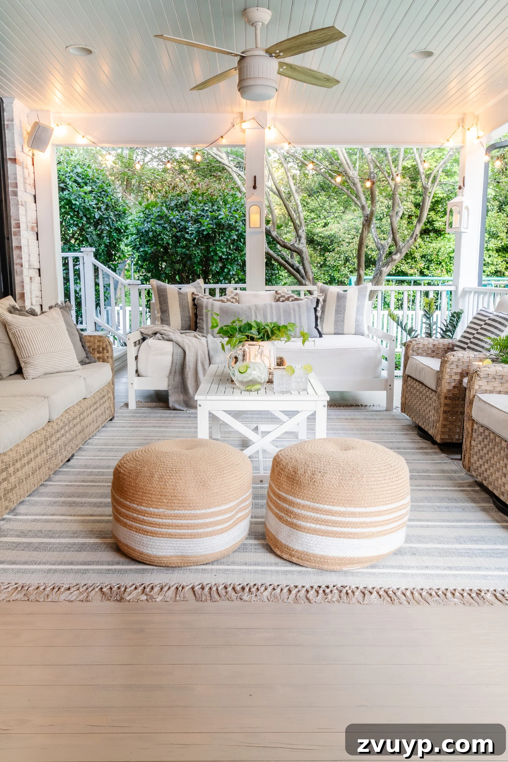 Selecting the Perfect Deck Stain for a Neutral Driftwood Finish 2 back porch floor refinished with Behr Stain in Taupe + back porch furniture and decor from Walmart