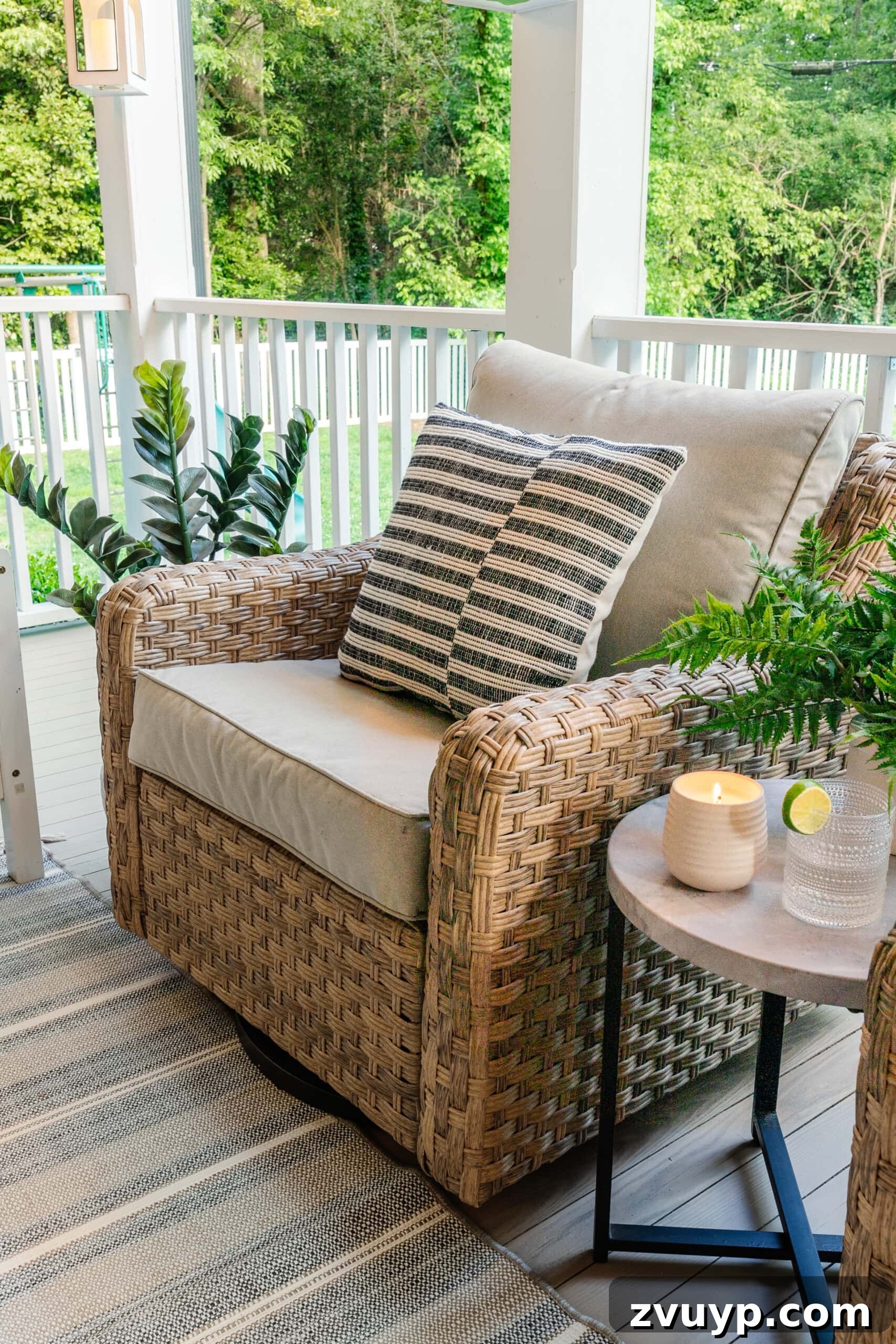 Walmart Patio Furniture Two Year Verdict 10 wicker swivel chairs on a back porch with side table