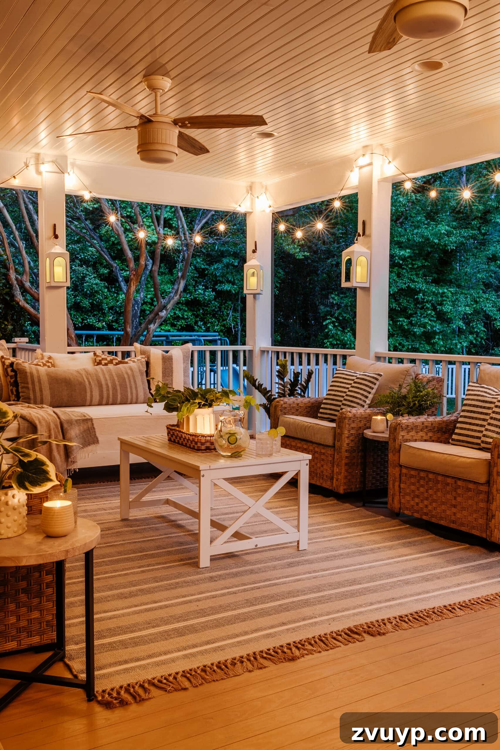 Walmart Patio Furniture Two Year Verdict 11 back porch conversation set with string lights and lanterns at night