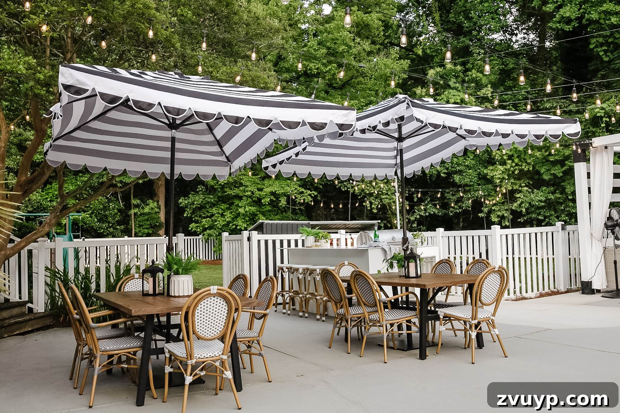 Walmart Patio Furniture Two Year Verdict 15 backyard patio dining sets with striped umbrellas beside an outdoor kitchen