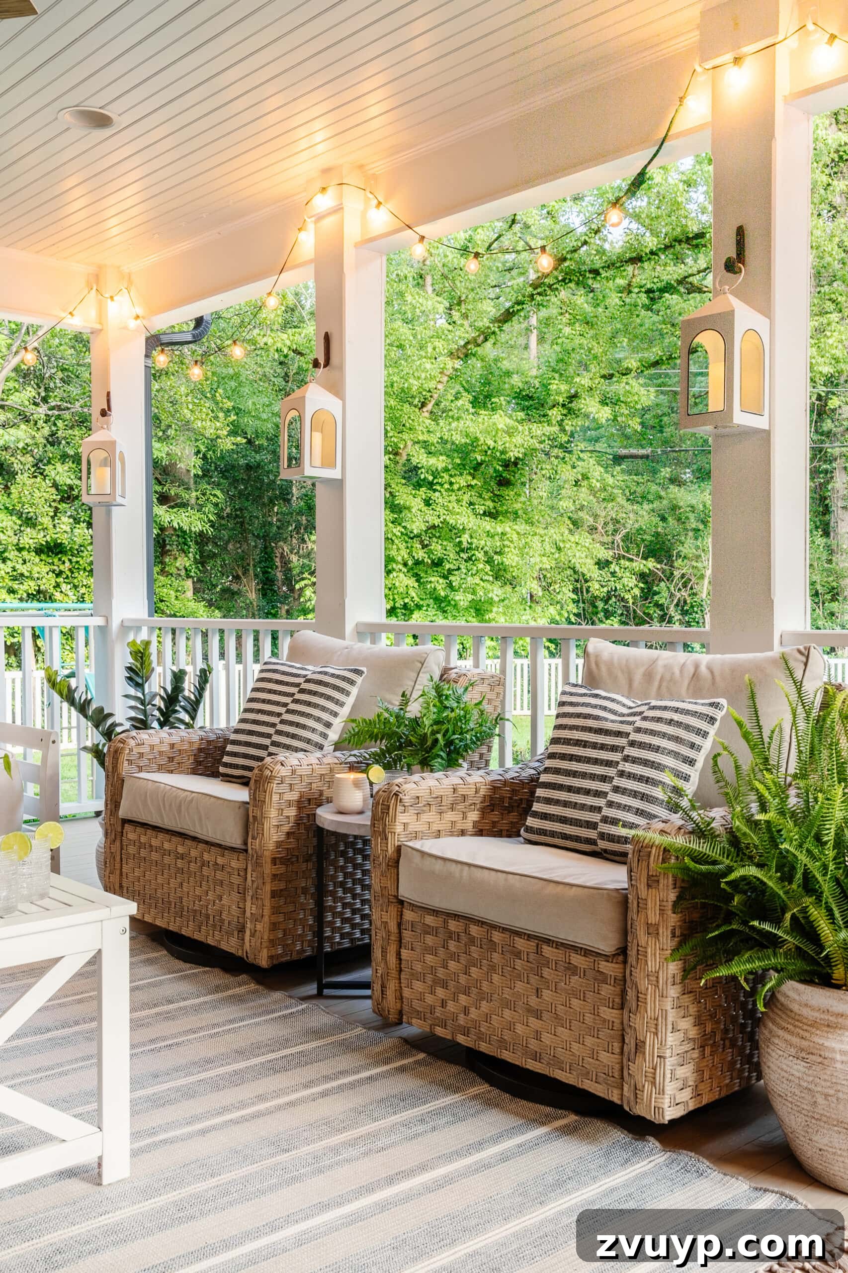 Walmart Patio Furniture Two Year Verdict 6 outdoor swivel chairs on a back porch with white coffee table and striped outdoor rug