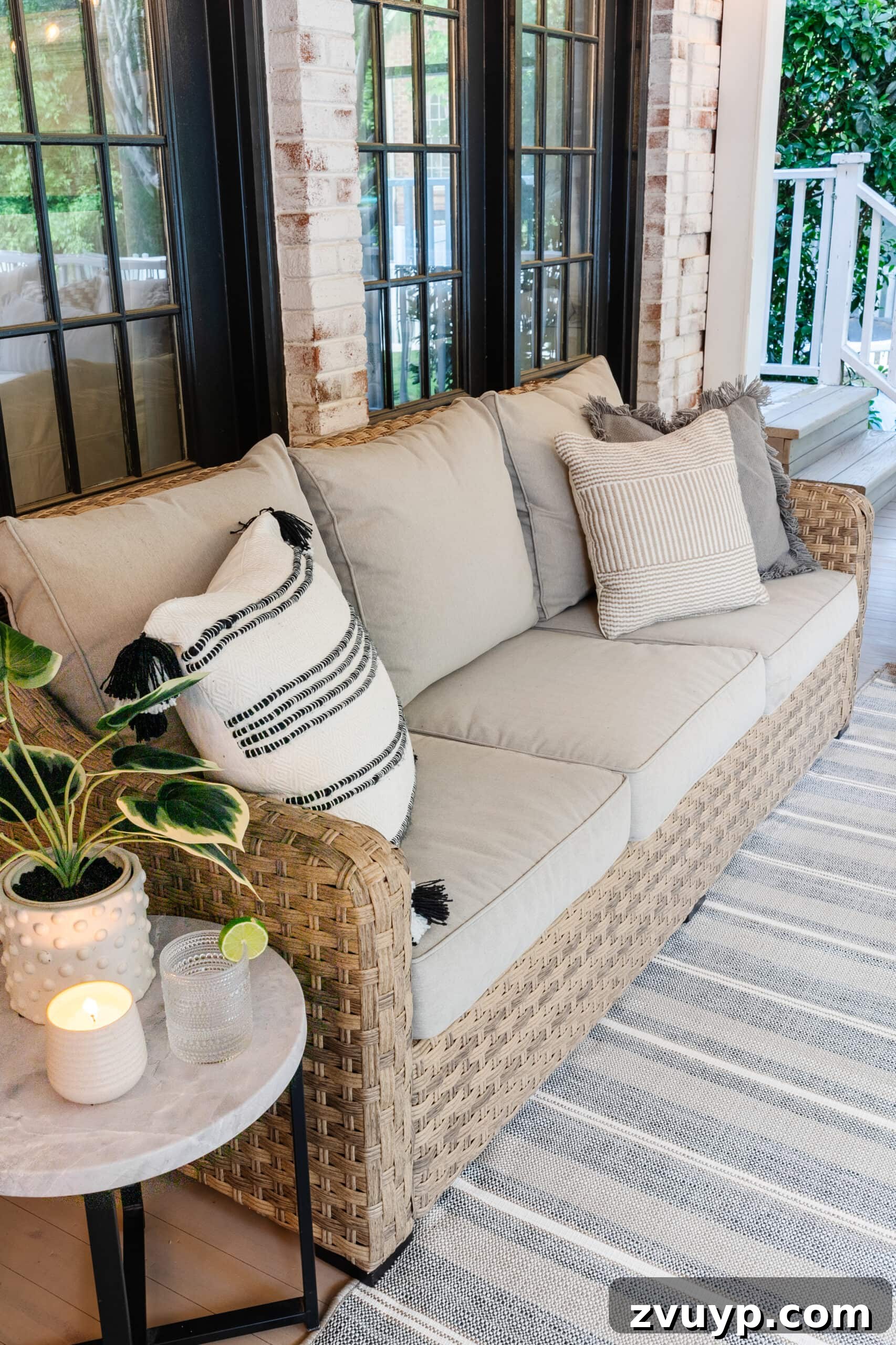 Walmart Patio Furniture Two Year Verdict 7 patio sofa on a back porch with neutral outdoor pillows