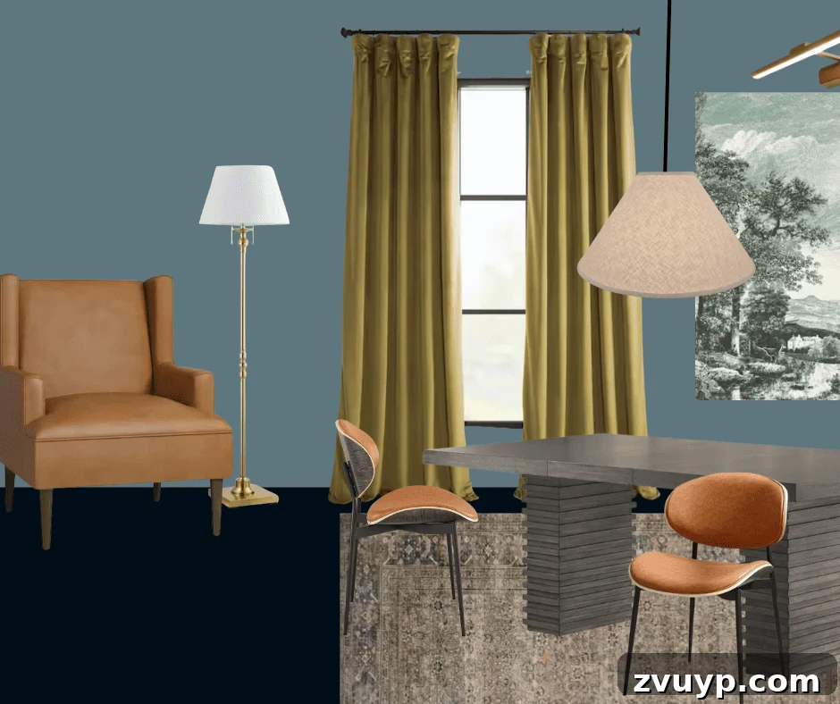 Conference Room Refresh Design Boards 3 Mood board showcasing a teal, jewel-toned meeting space design plan with elegant furniture and comforting elements