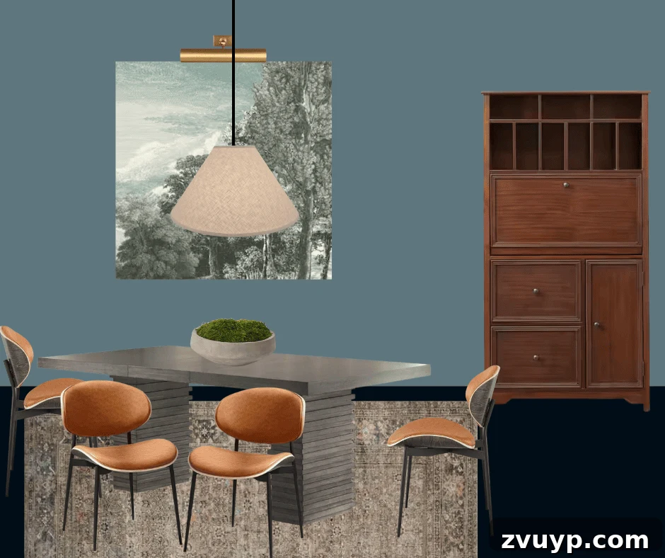 Conference Room Refresh Design Boards 5 Deep teal small conference room mood board showing conference table, memo board, and secretary desk