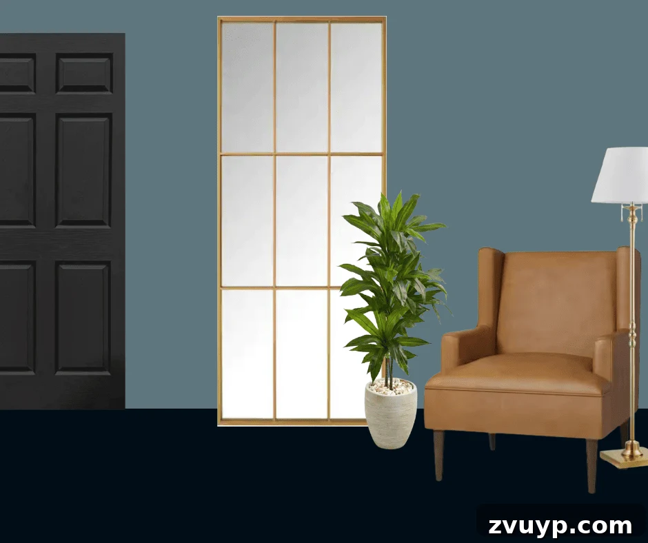 Conference Room Refresh Design Boards 9 Moody teal reading nook in a meeting space mood board featuring an armchair, floor lamp, and mirror