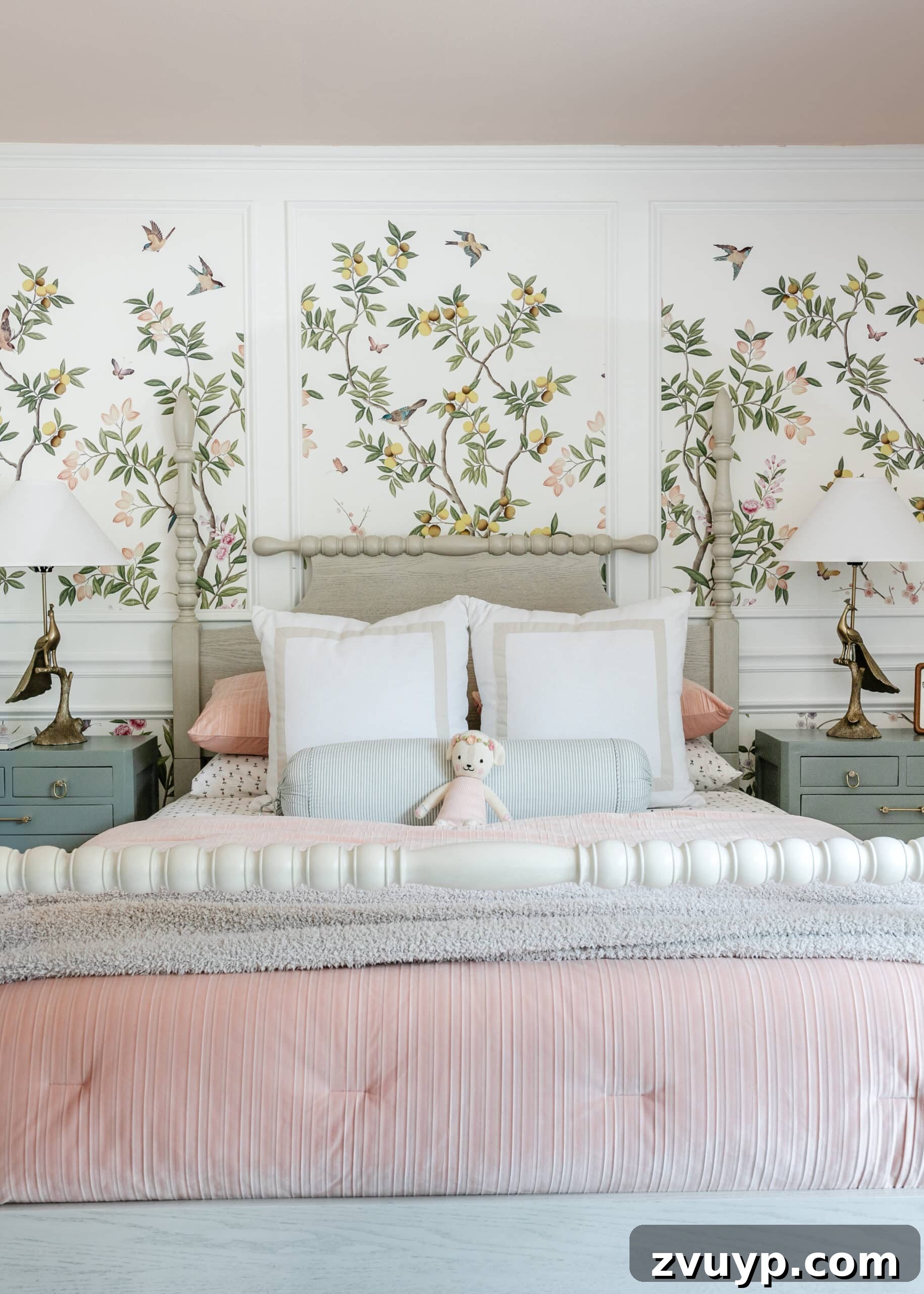 DIY Bedside Table Refresh: Secrets to Smooth Gloss Paint 14 beige poster bed with elegant chinoiserie wallpaper and soft pink bedding, creating a harmonious and stylish bedroom