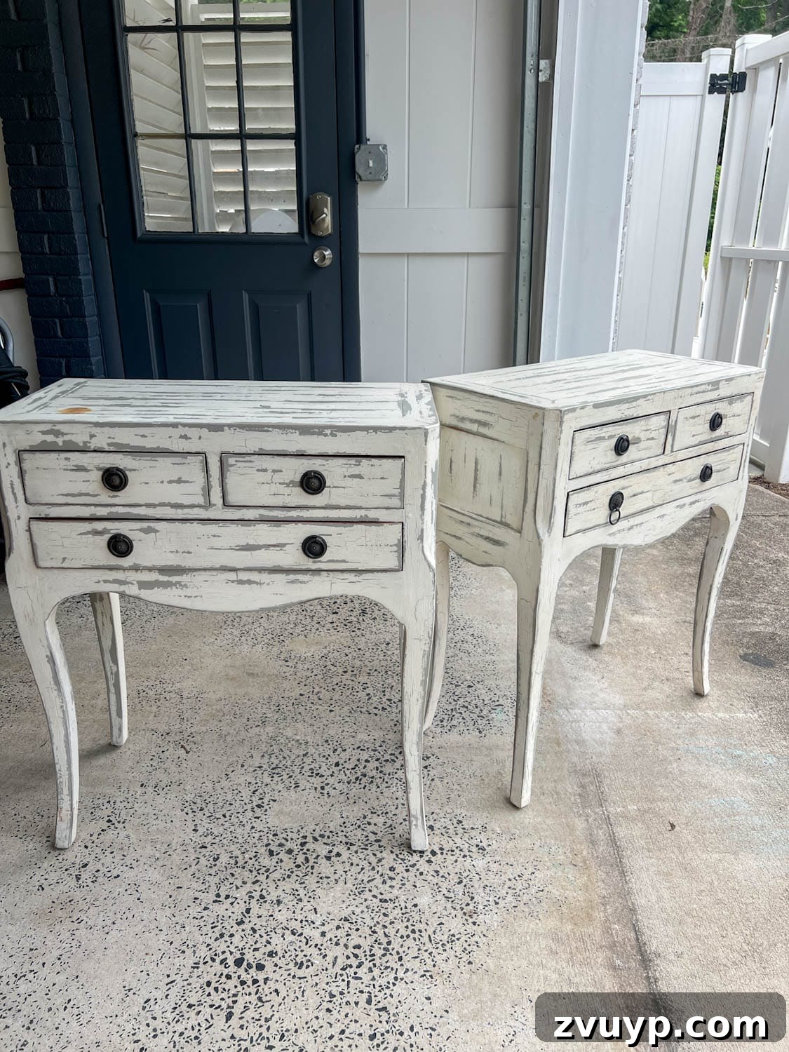 DIY Bedside Table Refresh: Secrets to Smooth Gloss Paint 3 Before image of distressed bedside tables with crackled farmhouse paint finish
