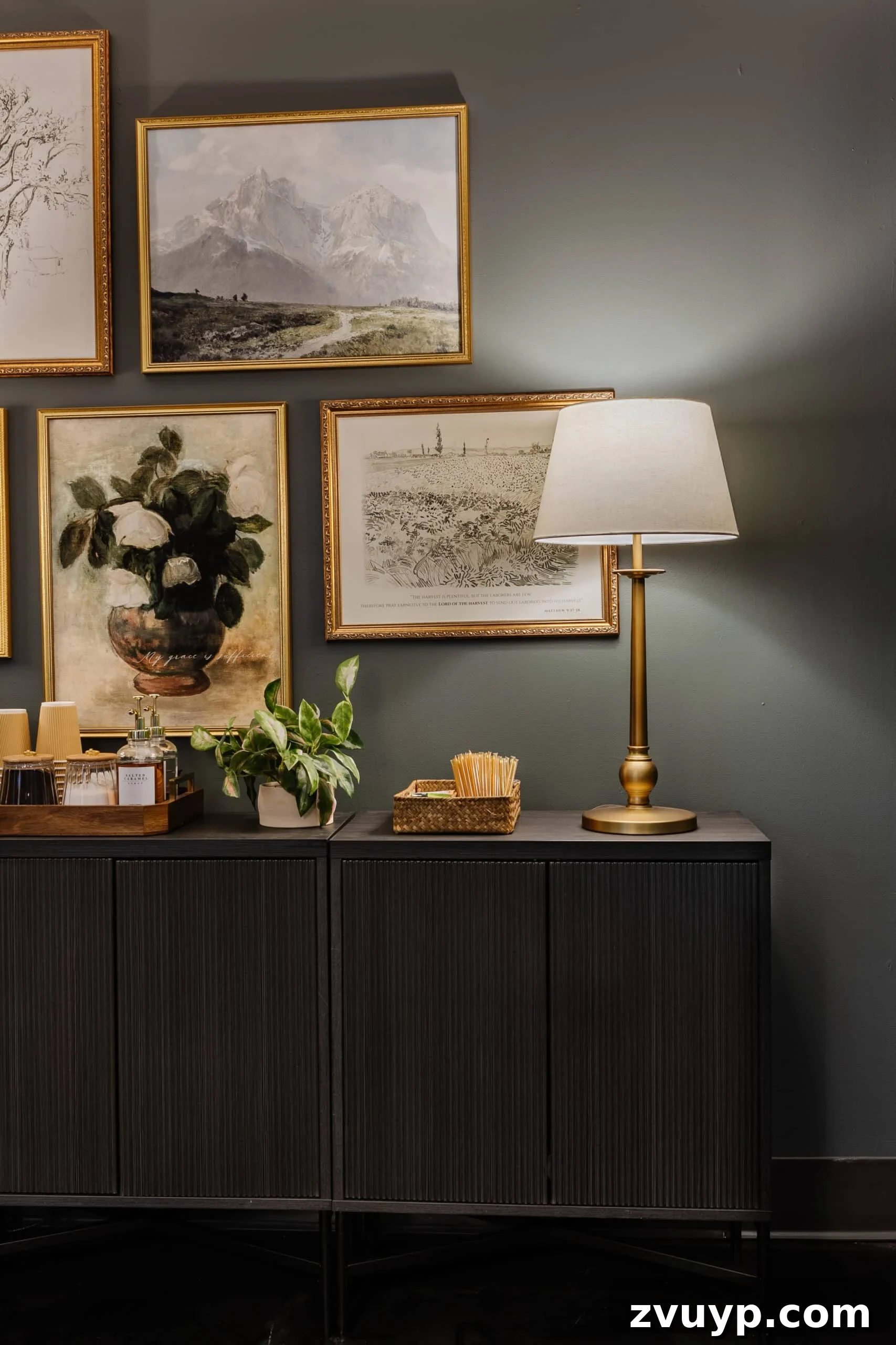 Transform Your Office: Cozy Conference Room Design Ideas 11 sideboard, gallery wall, and coffee station in a conference room