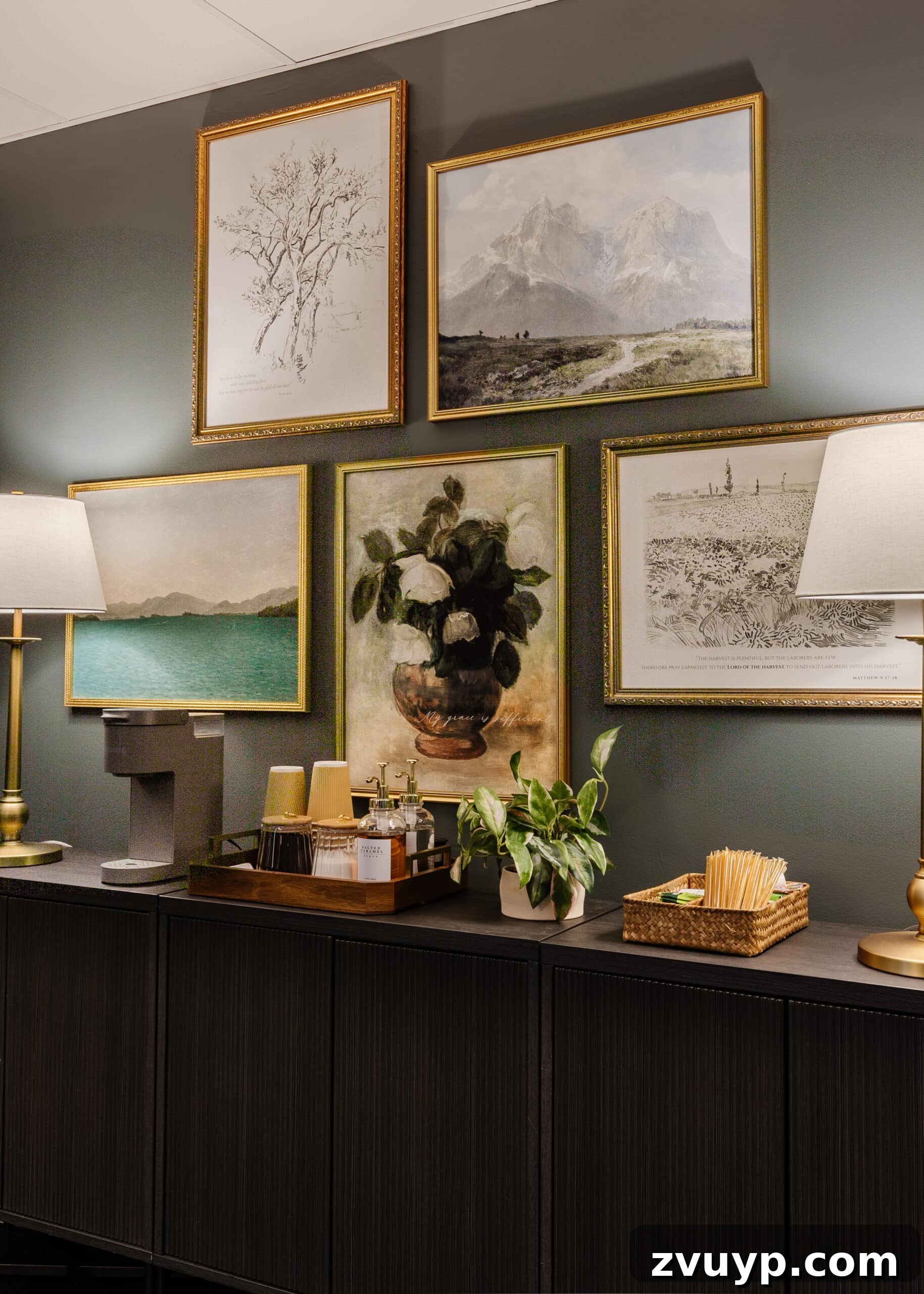 Transform Your Office: Cozy Conference Room Design Ideas 20 sideboard, gallery wall, and coffee station in a conference room