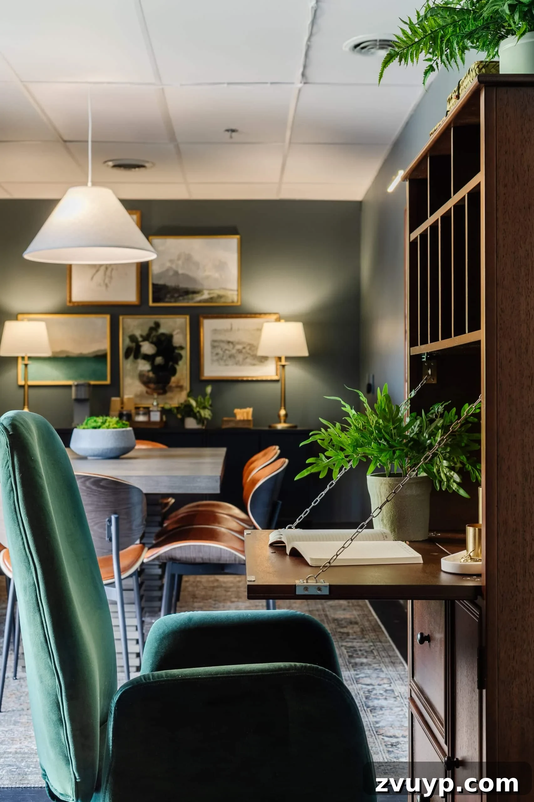 Transform Your Office: Cozy Conference Room Design Ideas 25 wooden secretary desk and green desk chair in an office