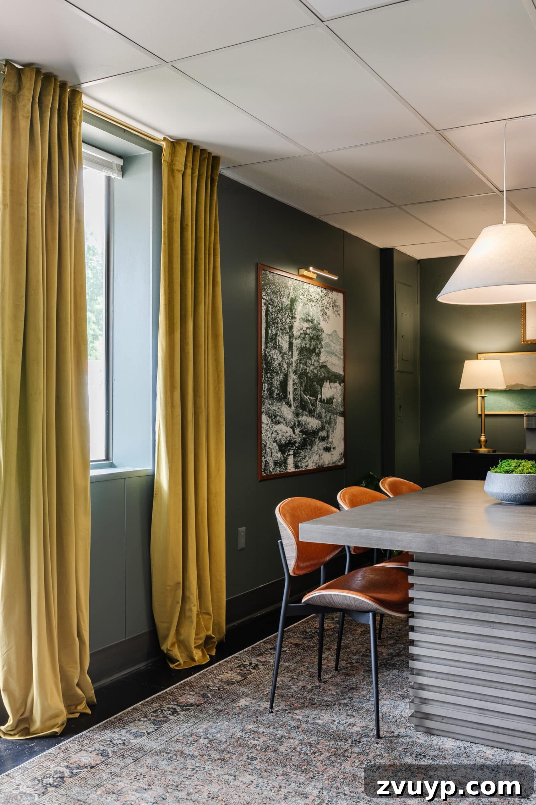 Transform Your Office: Cozy Conference Room Design Ideas 27 moss green curtains and teal walls in a conference room
