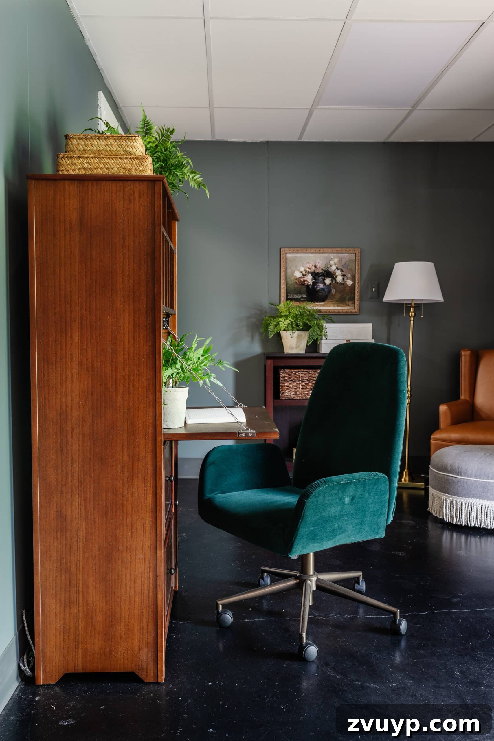 Transform Your Office: Cozy Conference Room Design Ideas 5 wooden secretary desk and green desk chair in an office