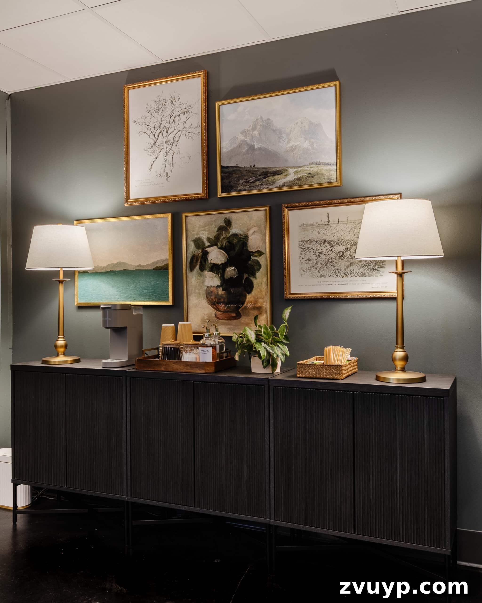 Transform Your Office: Cozy Conference Room Design Ideas 7 sideboard, gallery wall, and coffee station in a conference room