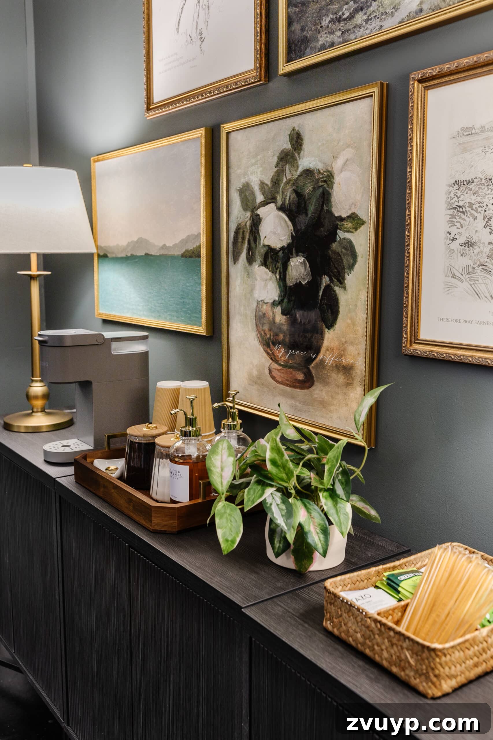 Transform Your Office: Cozy Conference Room Design Ideas 8 sideboard, gallery wall, and coffee station in a conference room