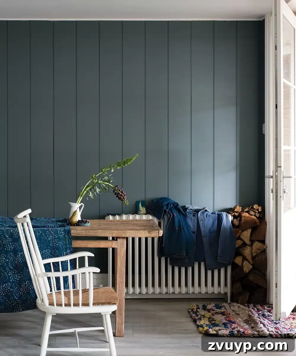 Farrow and Ball De Nimes in an entryway, showcasing a sophisticated blue-green hue