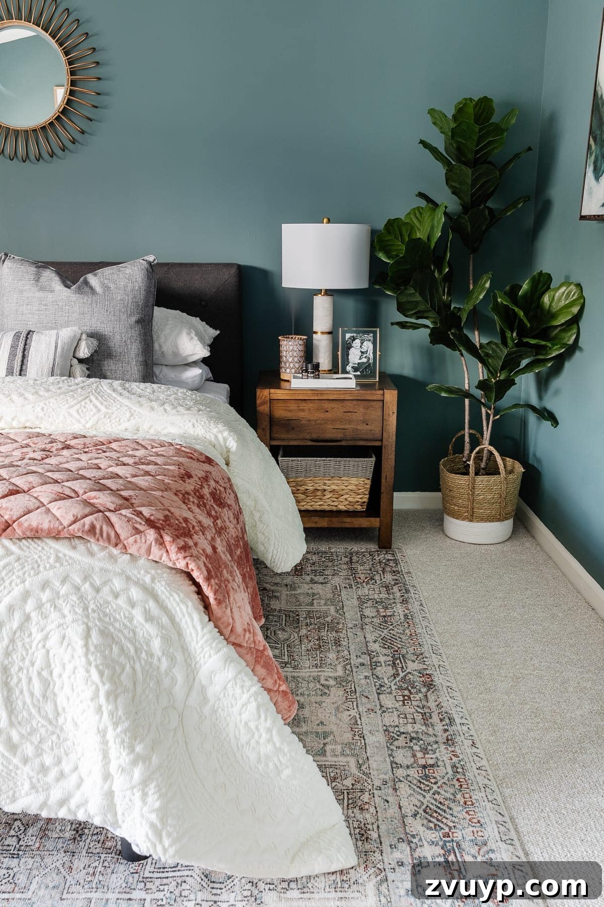 Sherwin Williams Riverway teal in a bedroom, creating a calming retreat
