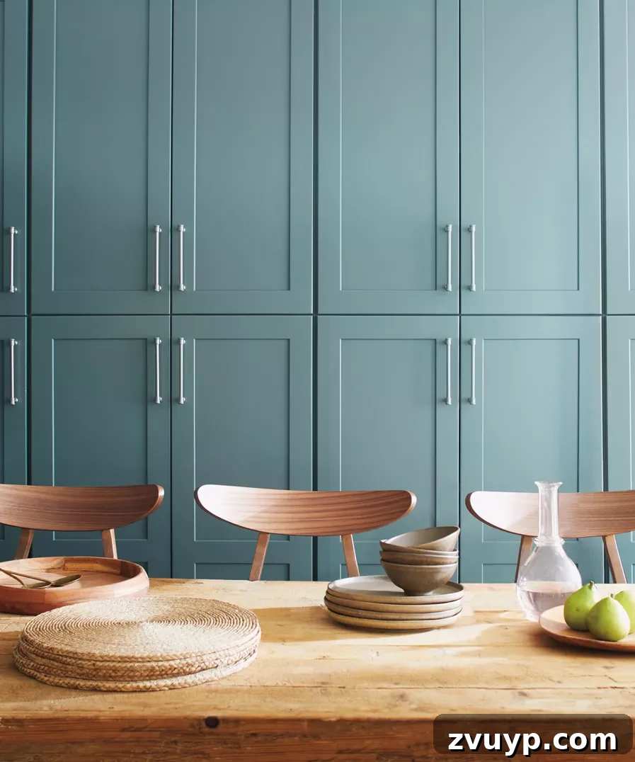 Benjamin Moore Aegean Teal on kitchen cabinets, offering a warm and inviting look