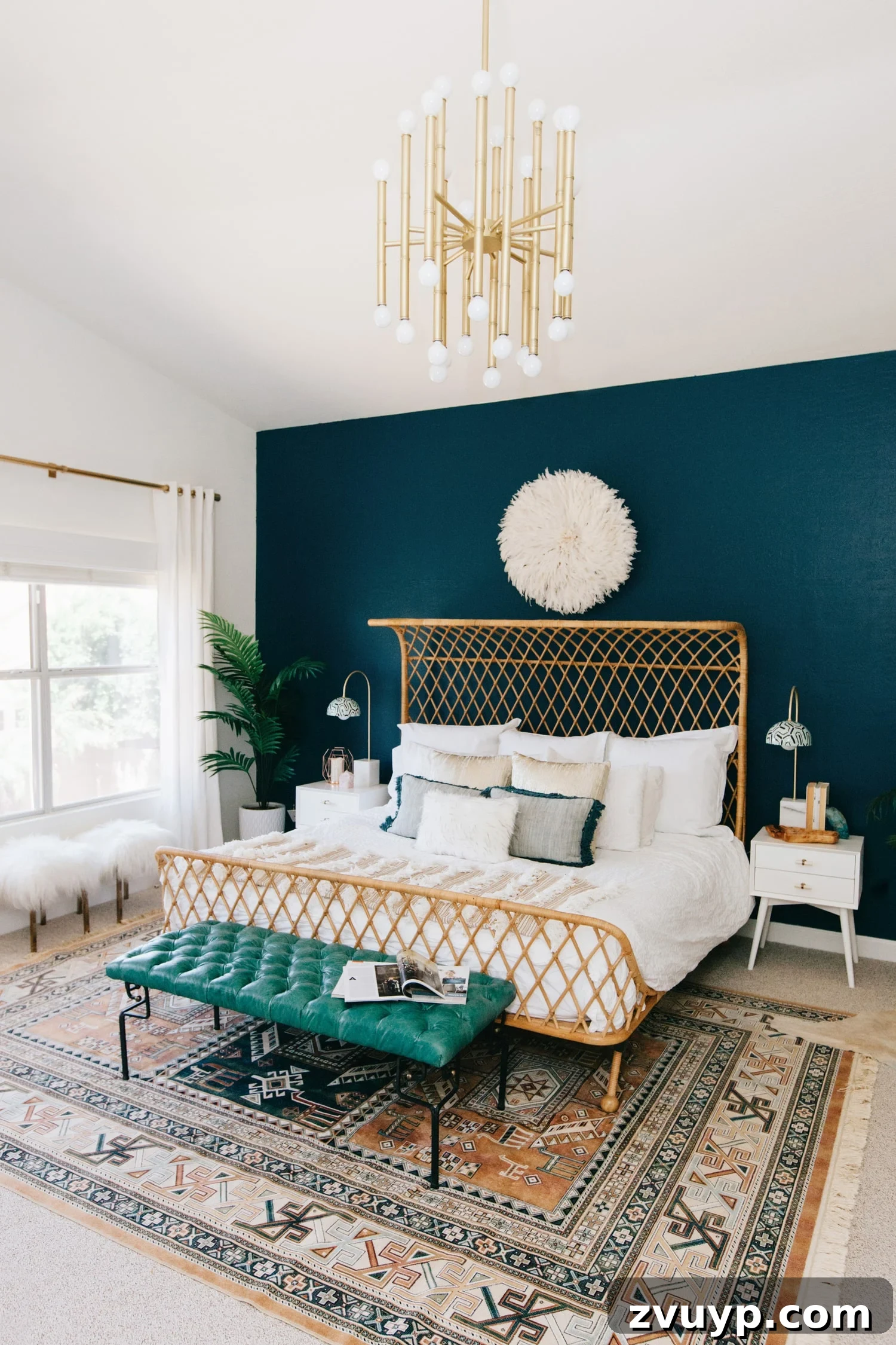 Dark teal accent wall in a bedroom - Dunn Edwards Nocturnal Sea, creating depth