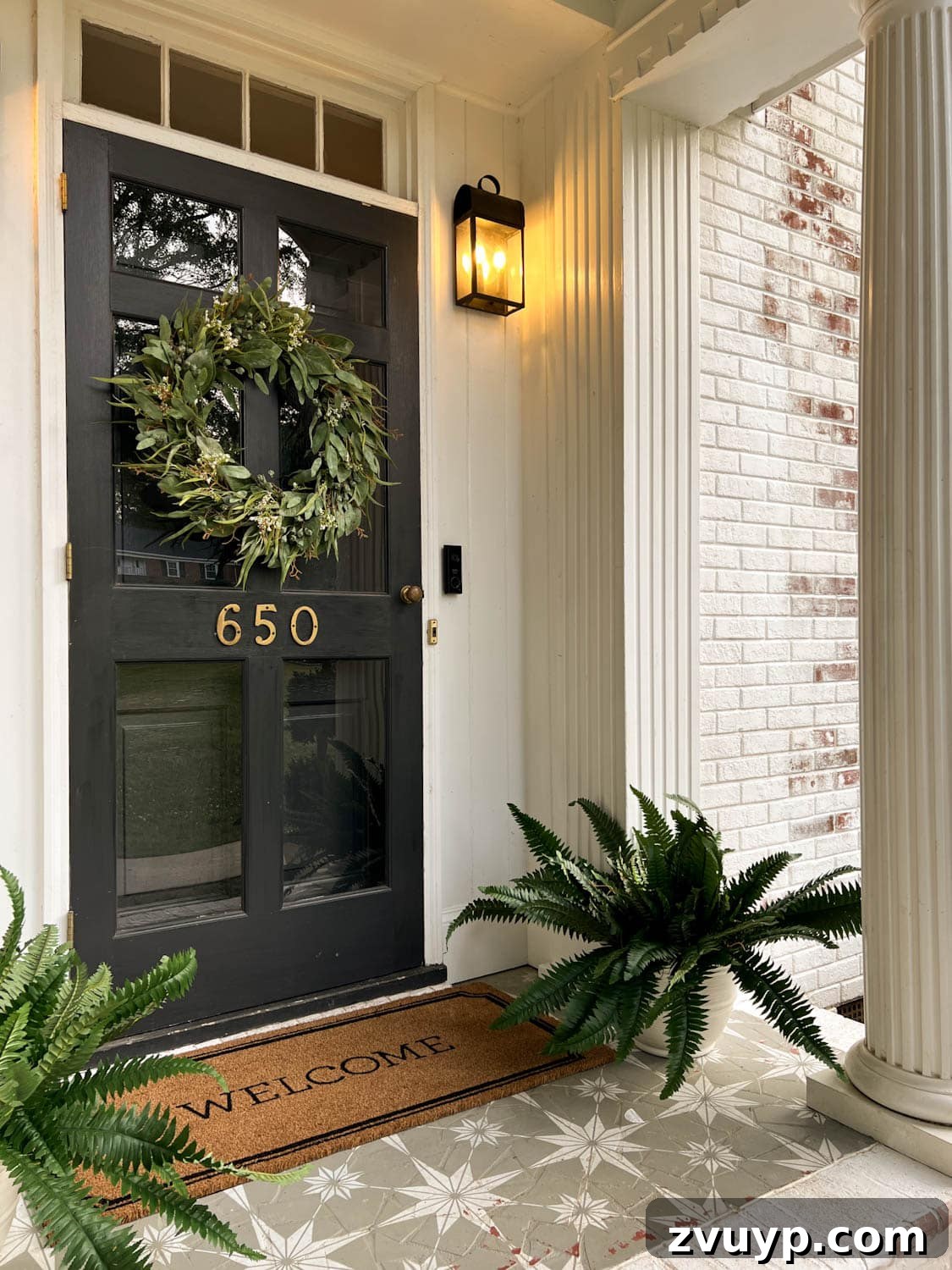 Lifelike Faux Plants for Effortless Porch Planters 4 realistic faux wreath and fake ferns on a colonial front porch stoop