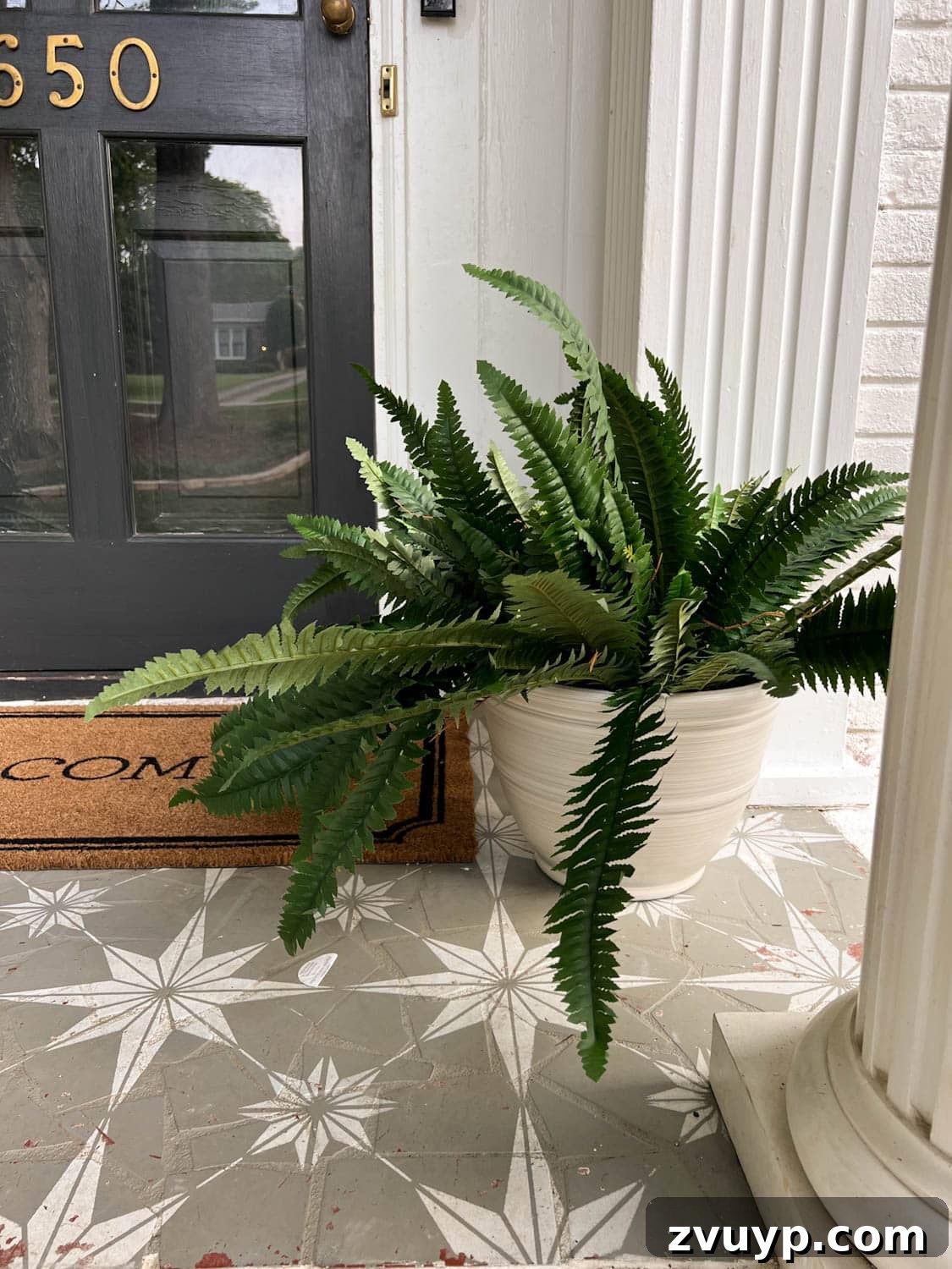Lifelike Faux Plants for Effortless Porch Planters 5 artificial fern on a porch beside a front door