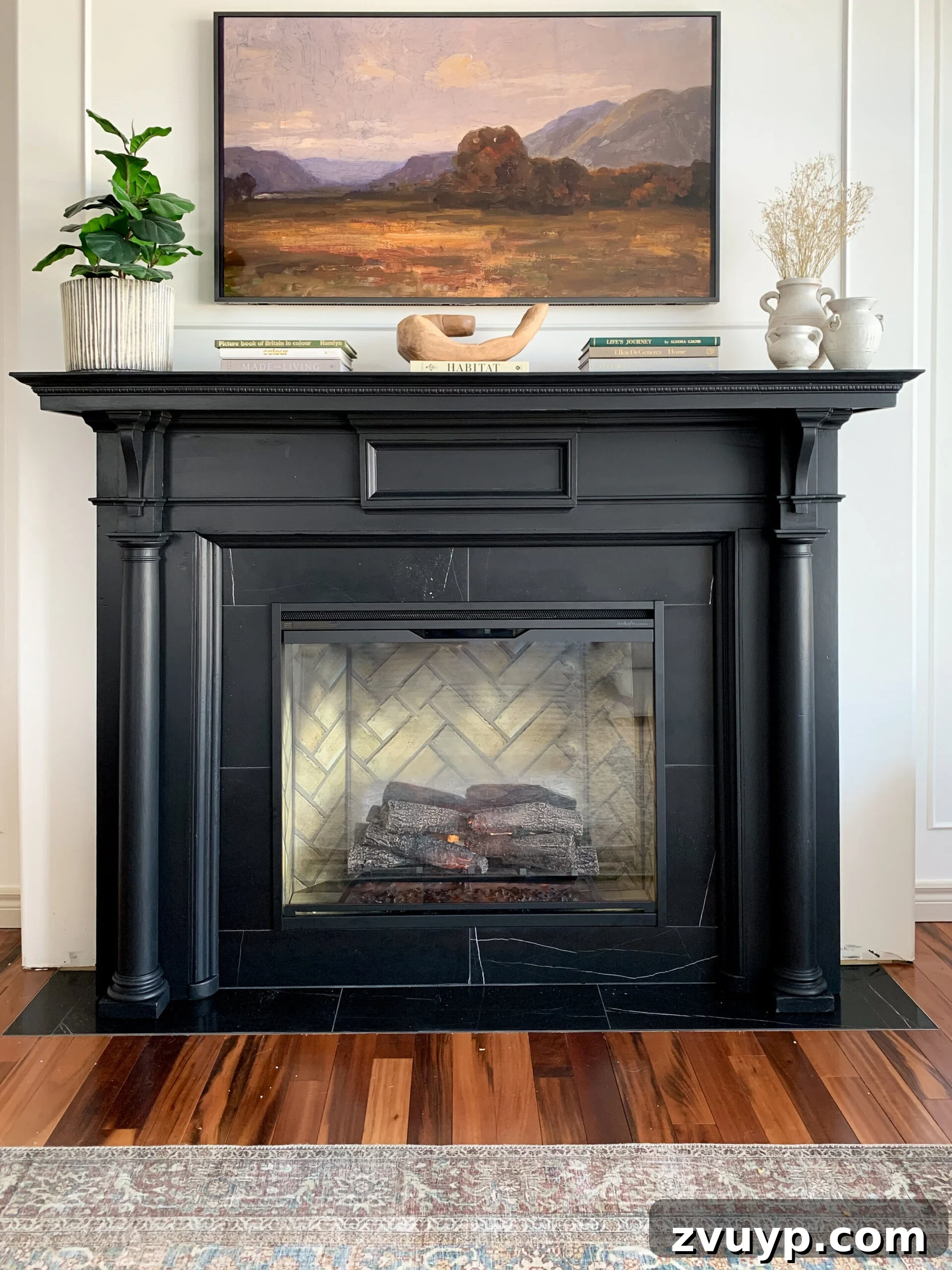 Portable Fireplace Builds for Any Setting 12 DIY electric fireplace built with an antique mantel and black marble tile