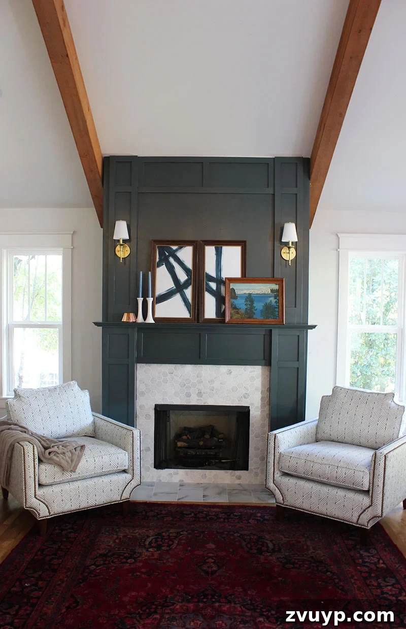 Portable Fireplace Builds for Any Setting 6 Bold DIY fireplace surround in a rich hunter green with tile and molding