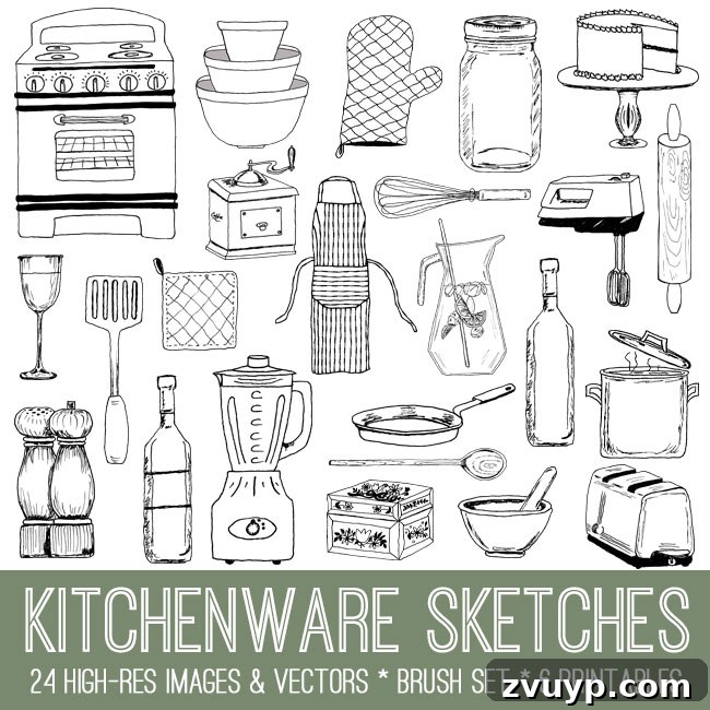 Adorable Kitchenware Doodles Kit Preview - Hand-drawn cooking utensils and jars