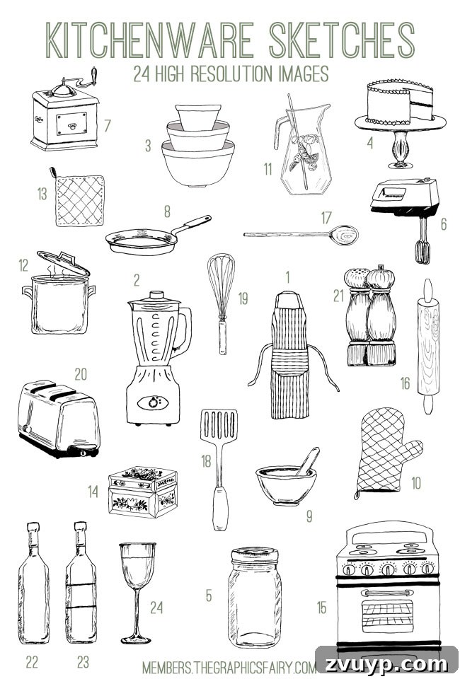 Detailed List of Kitchenware Doodles Kit Images - showing various hand-drawn kitchen items