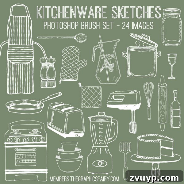 Kitchenware Doodles Photoshop Brushes Preview showing various brush applications