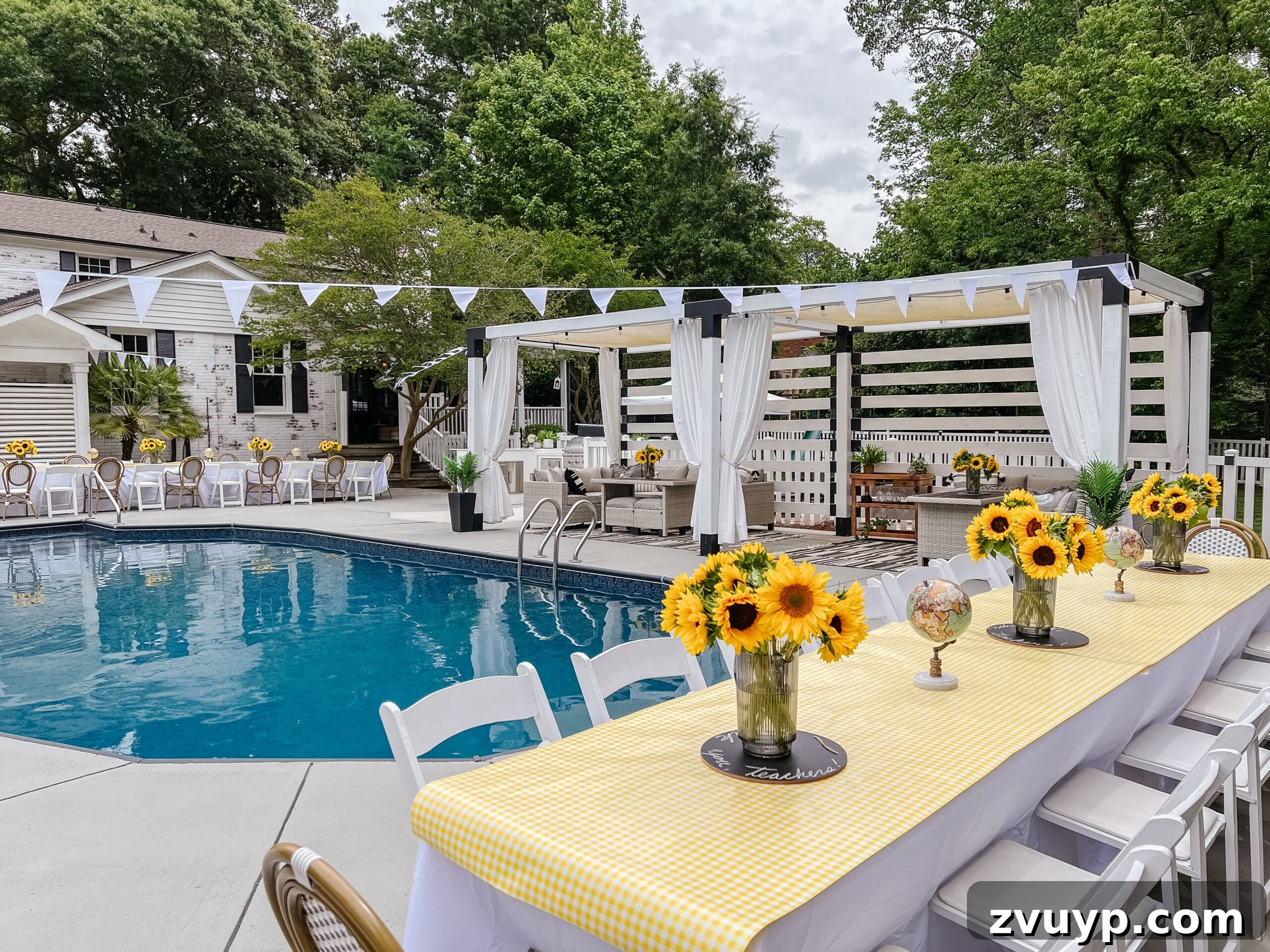 Dive Into Fun: Your Essential Guide to Epic Swim Parties and Backyard Bashes 3 sunny days ahead end-of-school-year / graduation party with sunflowers around a backyard pool