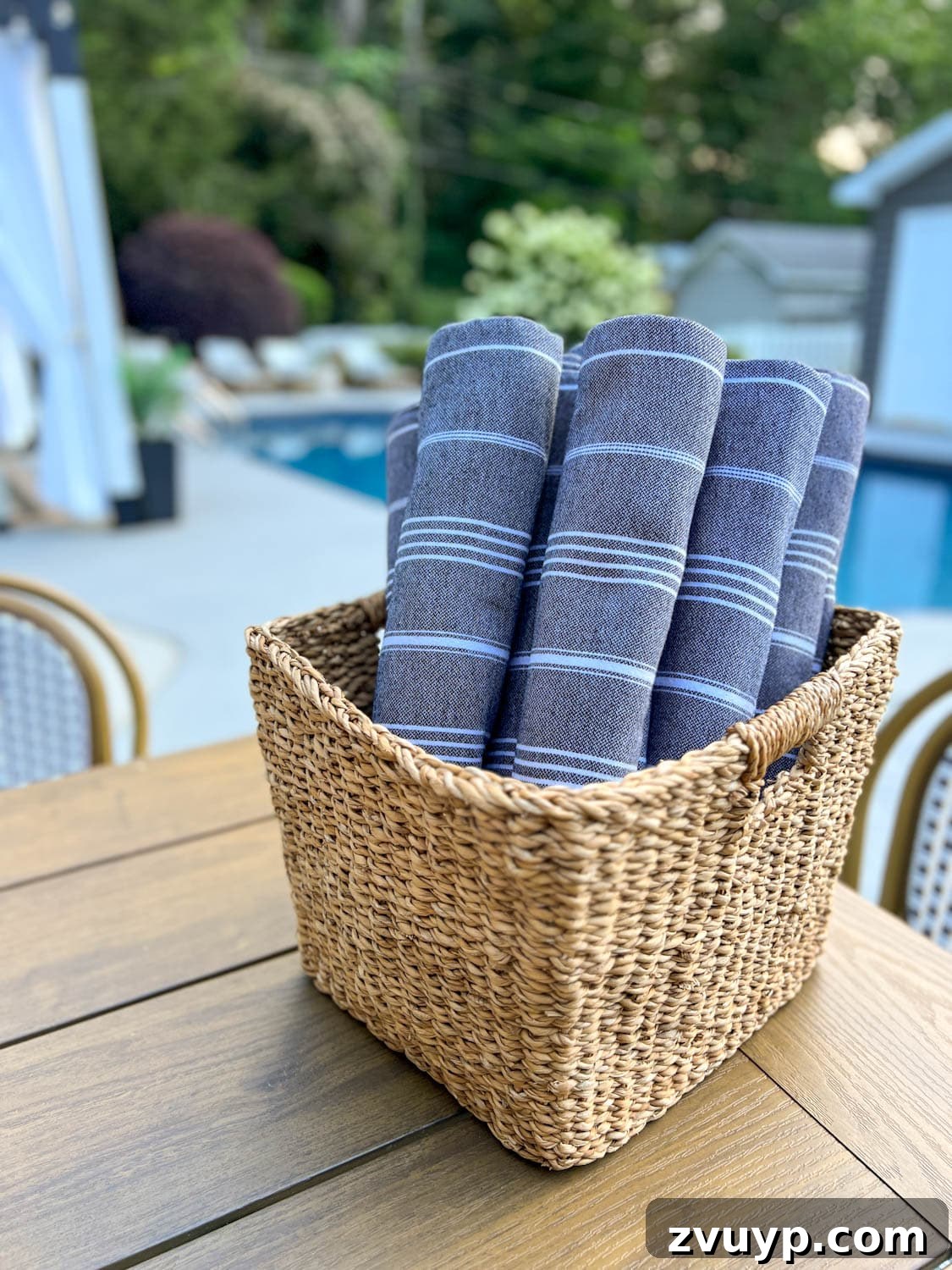 Dive Into Fun: Your Essential Guide to Epic Swim Parties and Backyard Bashes 21 backyard pool towels in a basket for guests to use