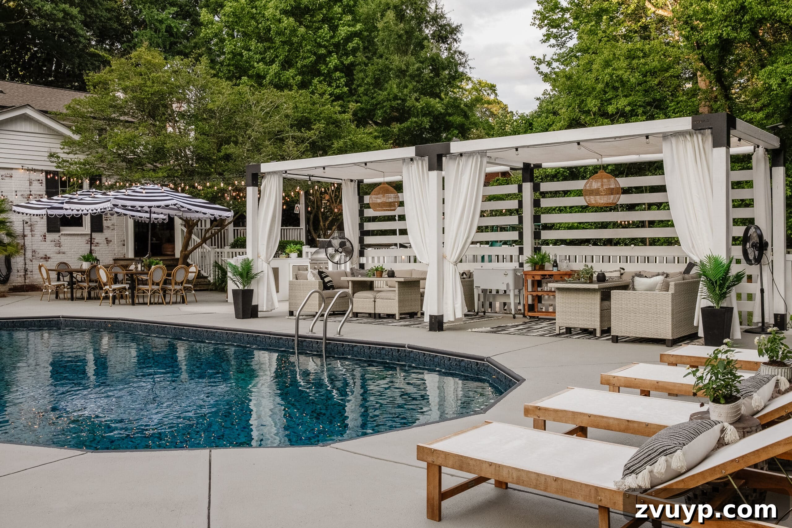 Dive Into Fun: Your Essential Guide to Epic Swim Parties and Backyard Bashes 22 backyard swimming pool with lounge chairs and cabana pergola