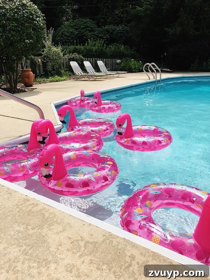 Dive Into Fun: Your Essential Guide to Epic Swim Parties and Backyard Bashes 7 flamingo themed pool party using flamingo pool floats as decor and party favors