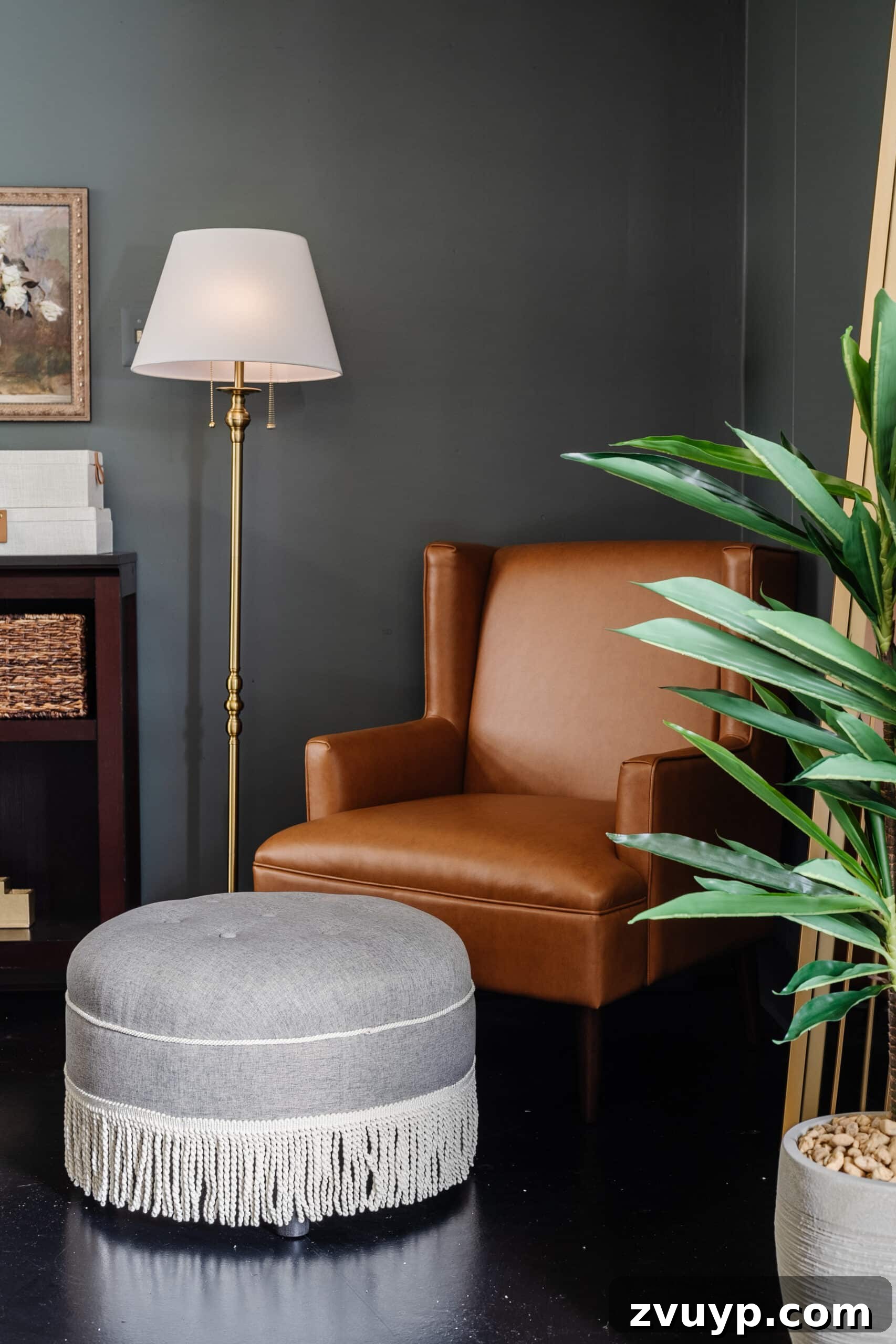 The Fringe Revolution: Upscale Looks for Downsized Spending 2 bullion fringe ottoman in front of a leather armchair for a reading corner