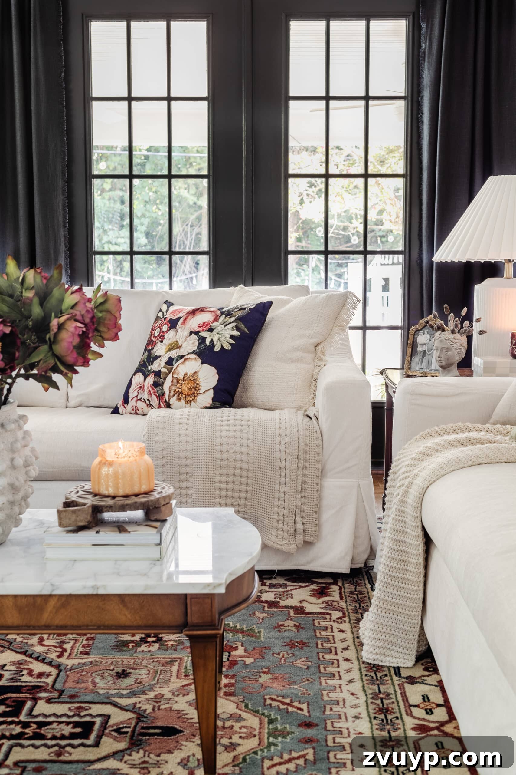 Your Living Room Decor Kickoff 10 white living room sofas with navy floral pillow