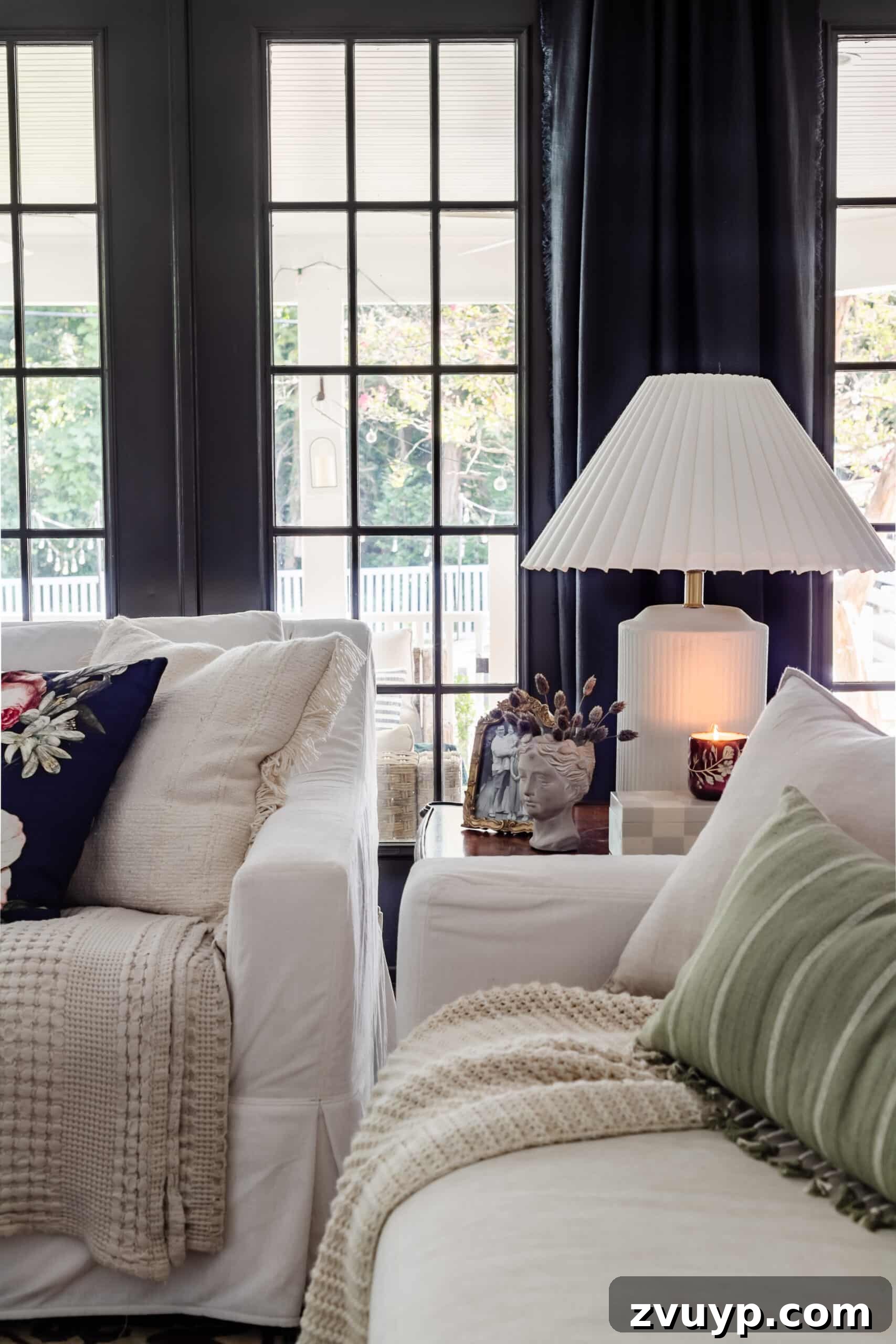 Your Living Room Decor Kickoff 11 end table decor with mini bust planter, french gold frame and pleated table lamp