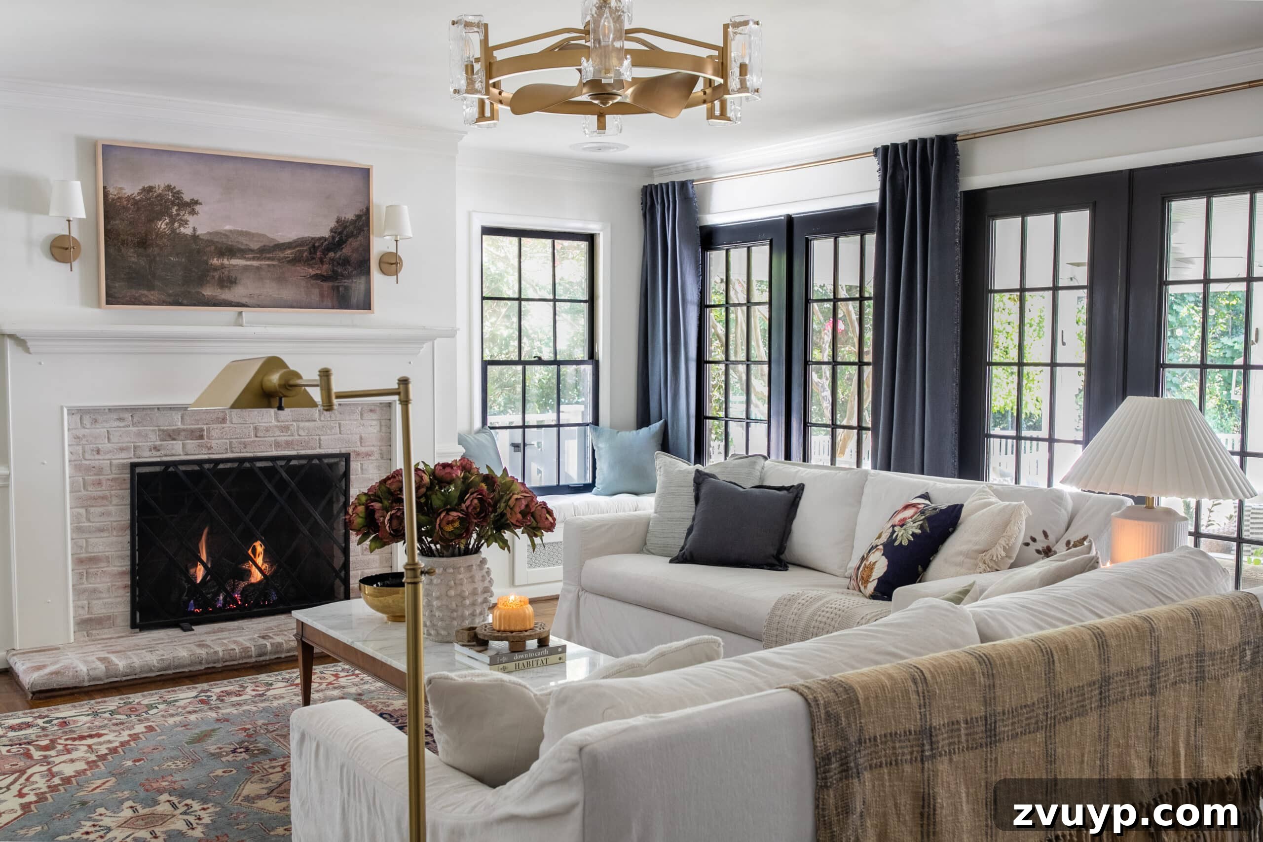 Your Living Room Decor Kickoff 14 white living room with black windows blue curtains white sofas and fall decor