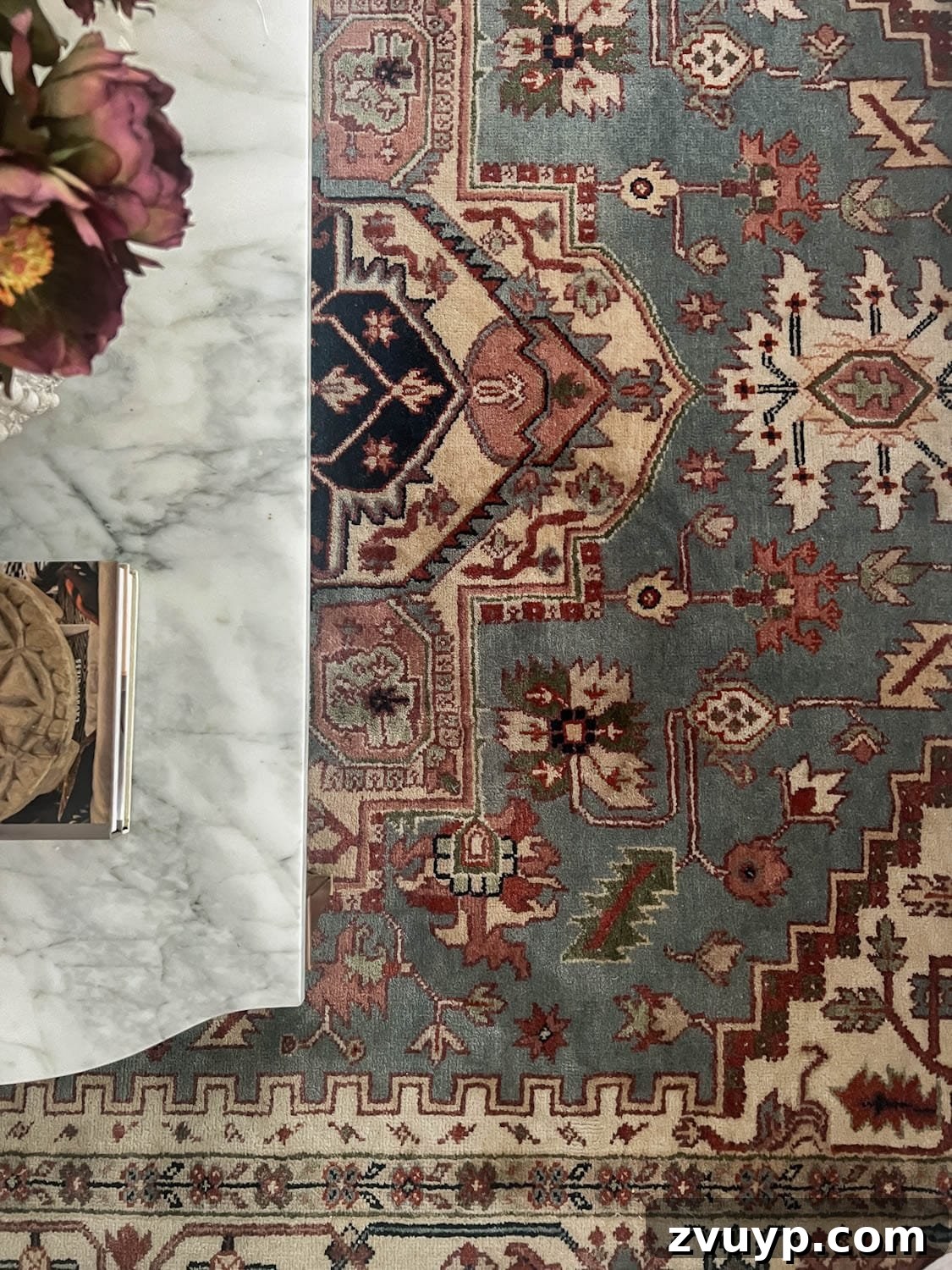 Your Living Room Decor Kickoff 3 vintage rug with blue, green, burgundy, blush, and cream