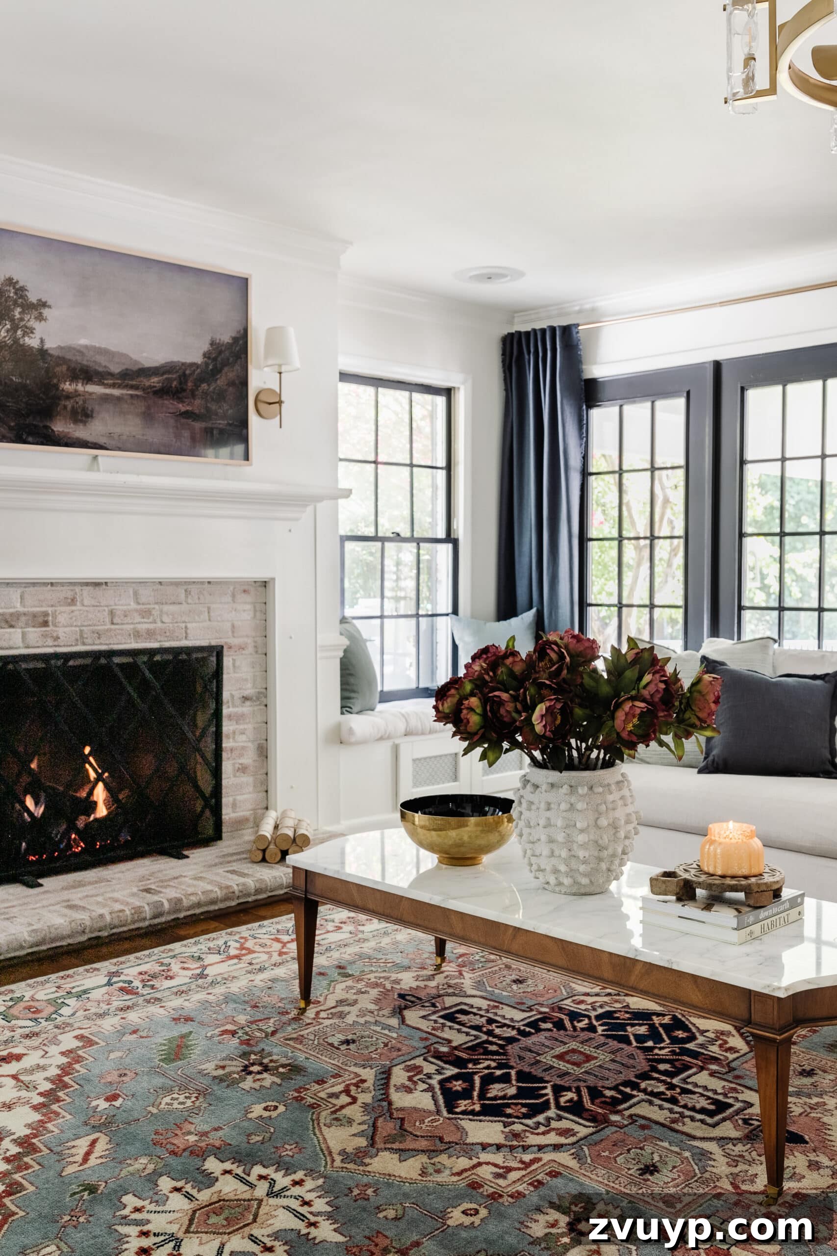 Your Living Room Decor Kickoff 4 vintage rug in a modern traditional living room with marble coffee table