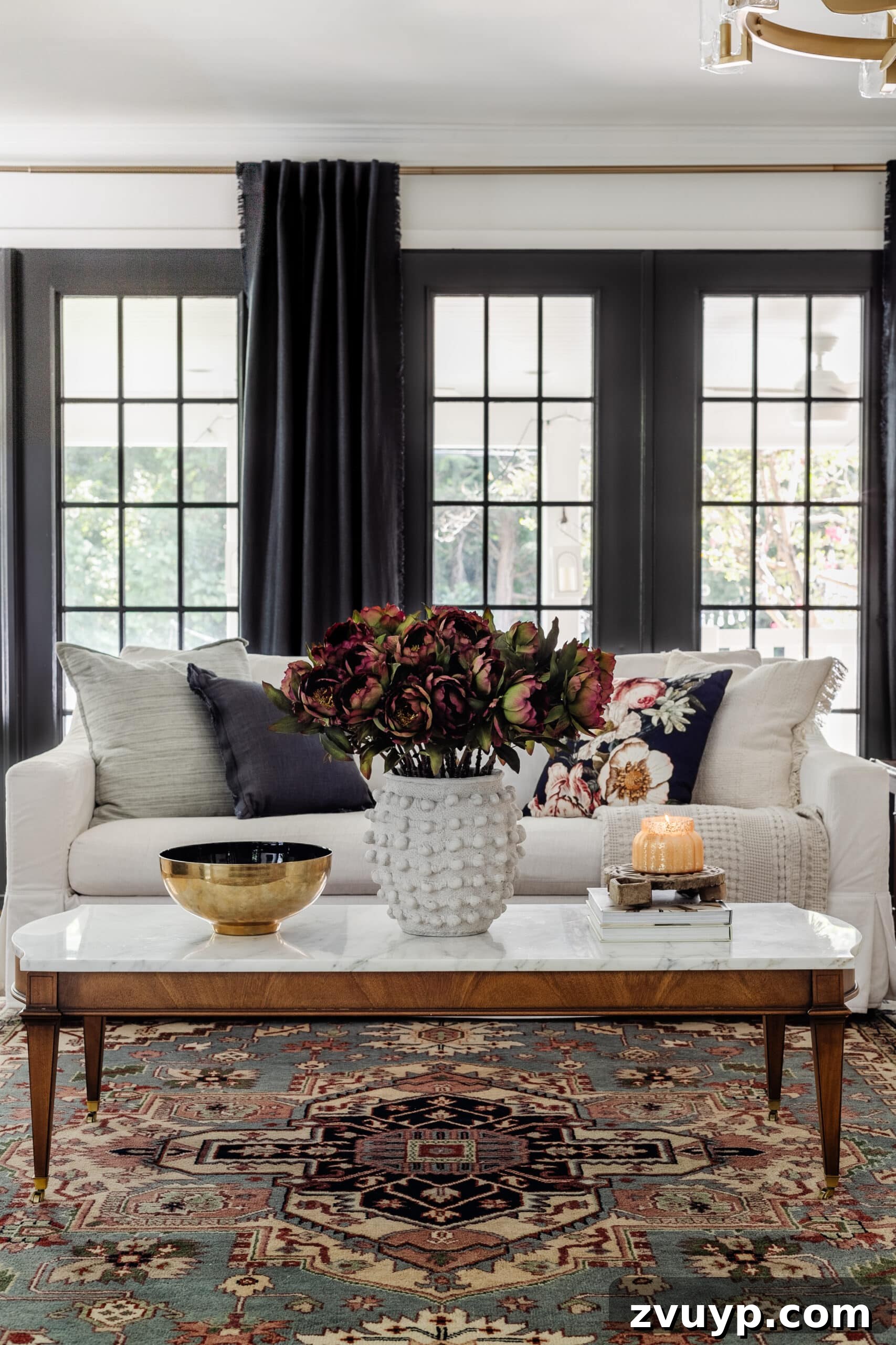Your Living Room Decor Kickoff 5 white living room sofa with marble coffee table decorated for fall with burgundy flowers