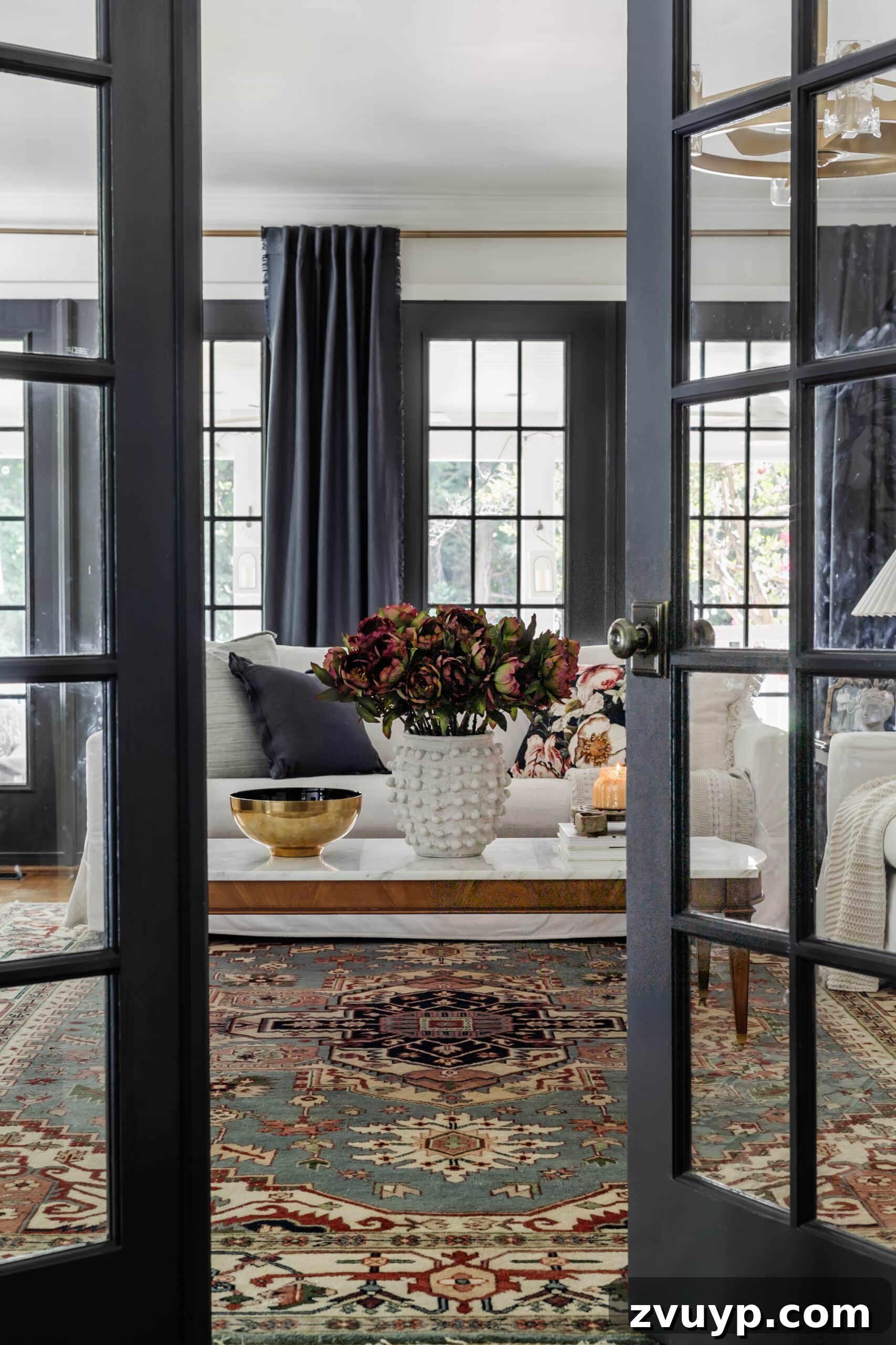 Your Living Room Decor Kickoff 6 french doors leading into a living room decorated for fall