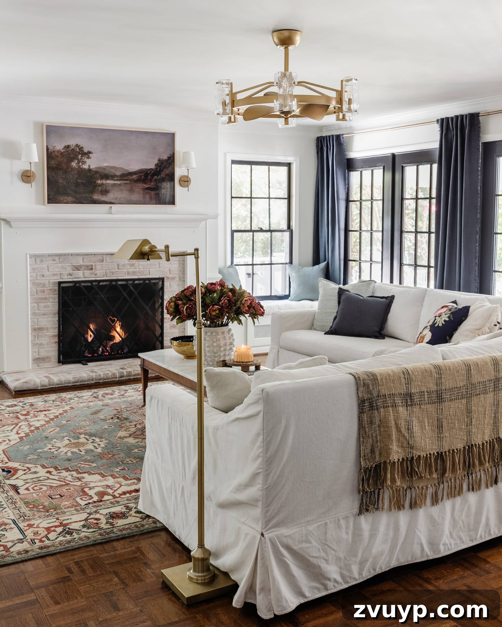 Your Living Room Decor Kickoff 7 modern traditional living room with brass floor lamp and plaid blanket on back of couch