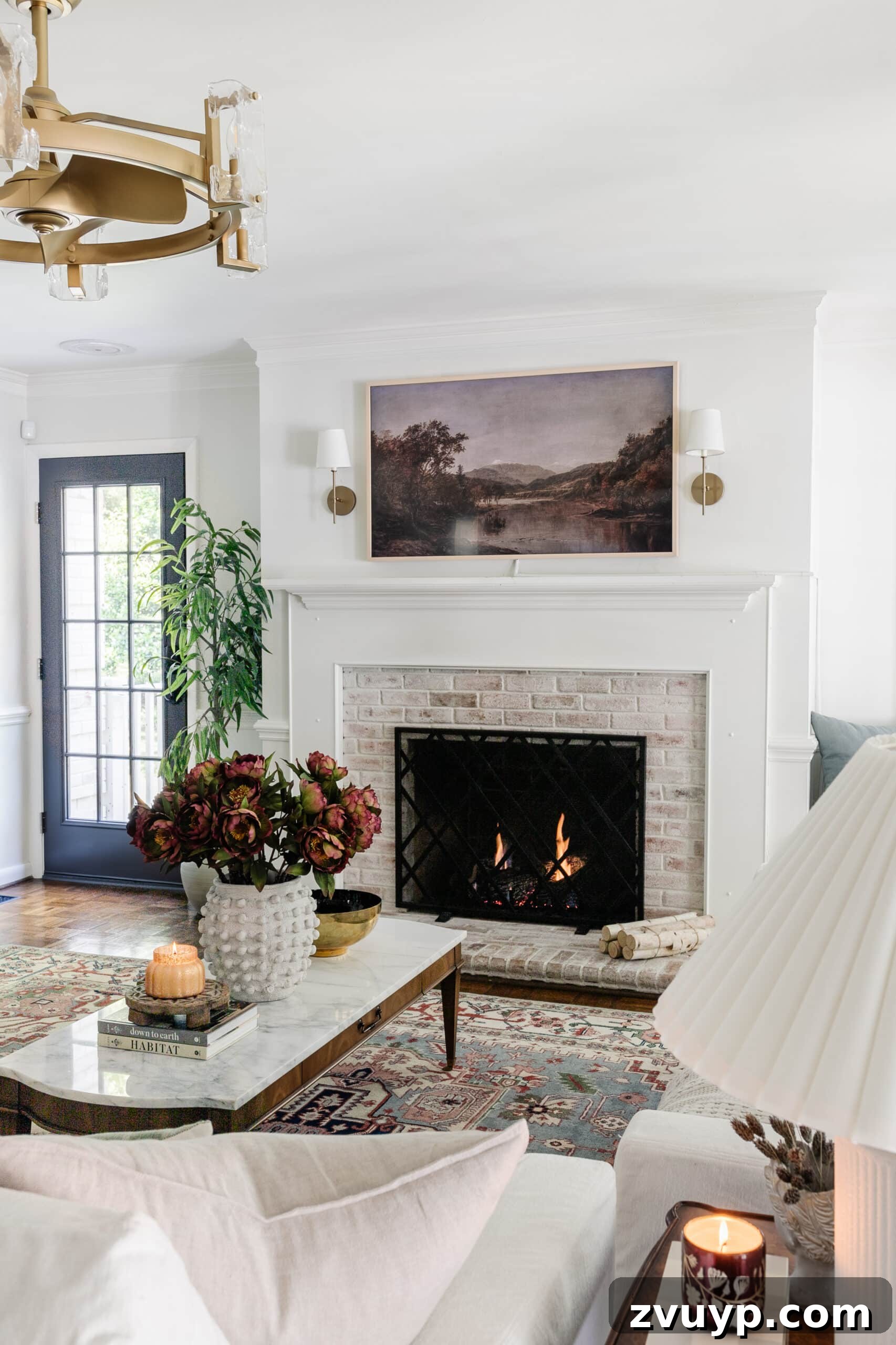 Your Living Room Decor Kickoff 9 fall coffee table decor in a living room with limewashed brick fireplace