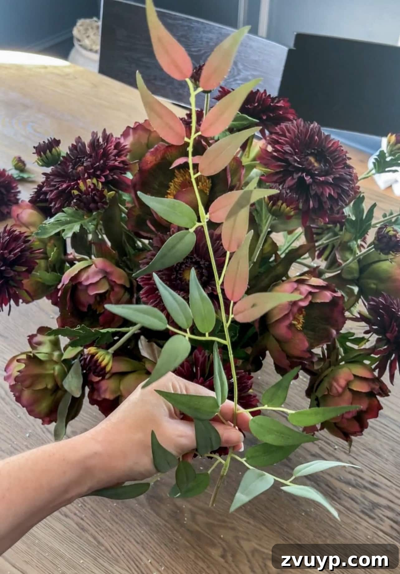 Autumn Blooms: Simple DIY Floral Arrangements 11 Adding mauve and green Italian ruscus from Afloral as greenery filler to the arrangement