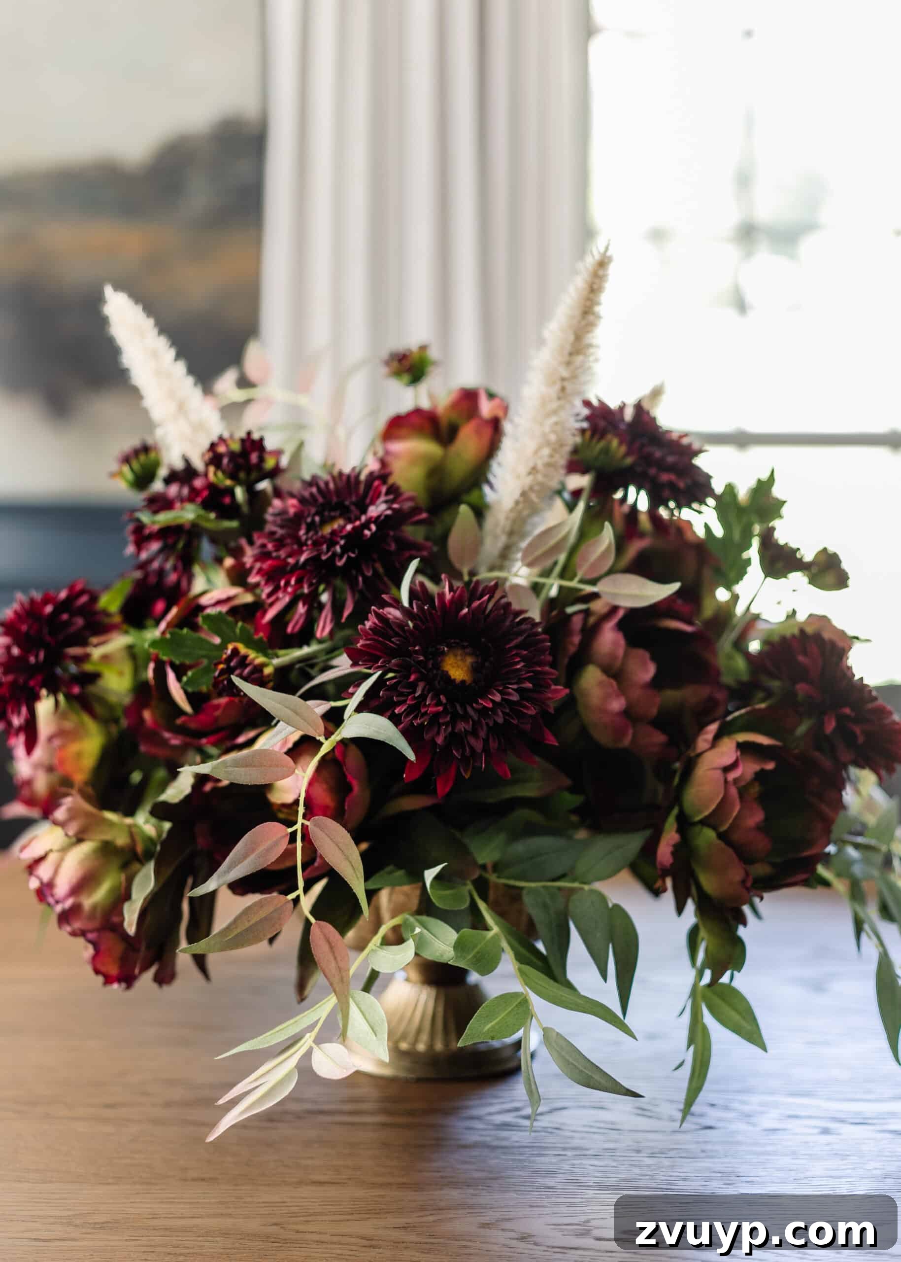 Autumn Blooms: Simple DIY Floral Arrangements 15 Completed DIY fall floral arrangement with mums and peonies, perfect for autumn decor