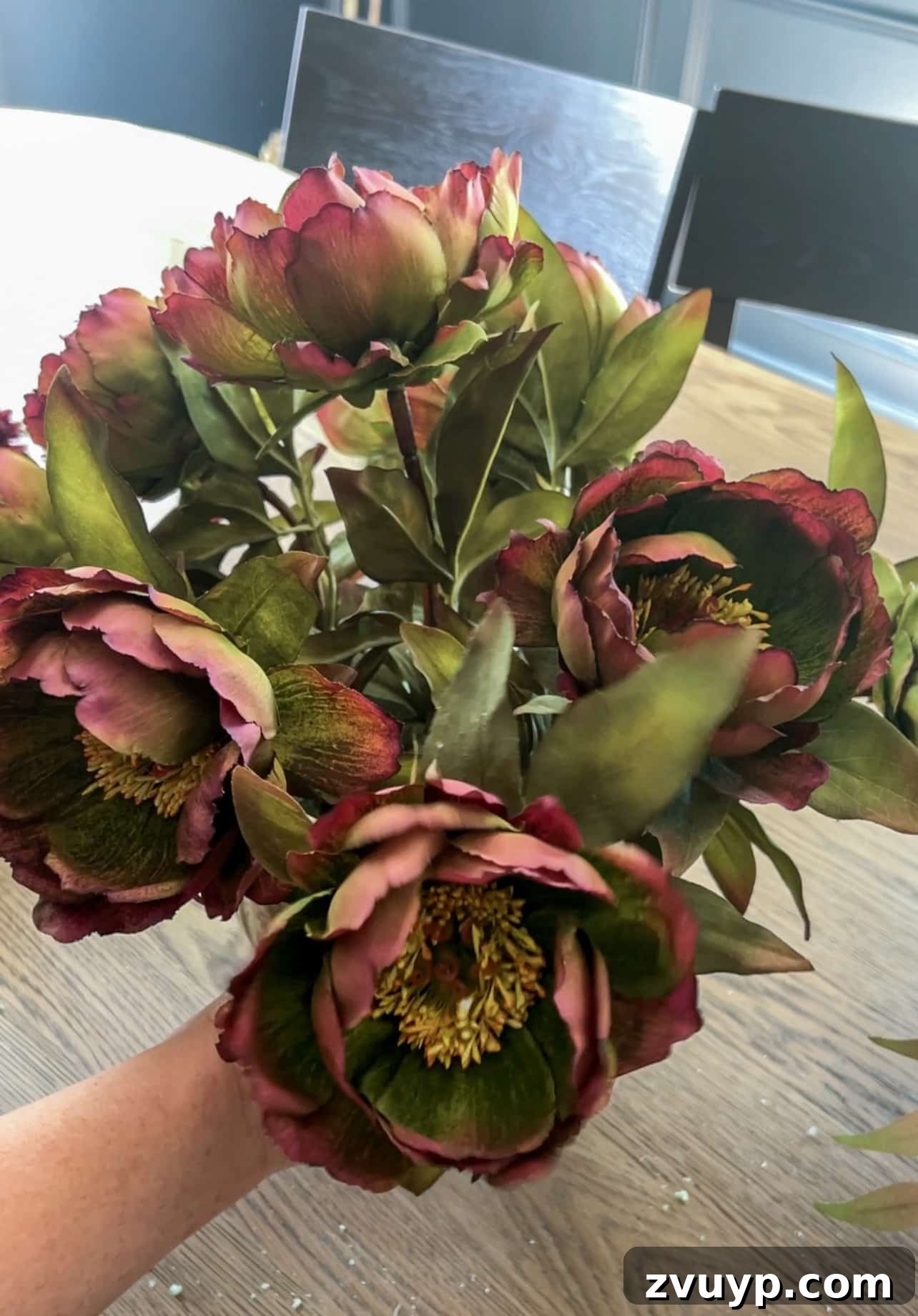 Autumn Blooms: Simple DIY Floral Arrangements 8 Adding more purple and green peonies from Afloral to complete the base layer of the fall arrangement