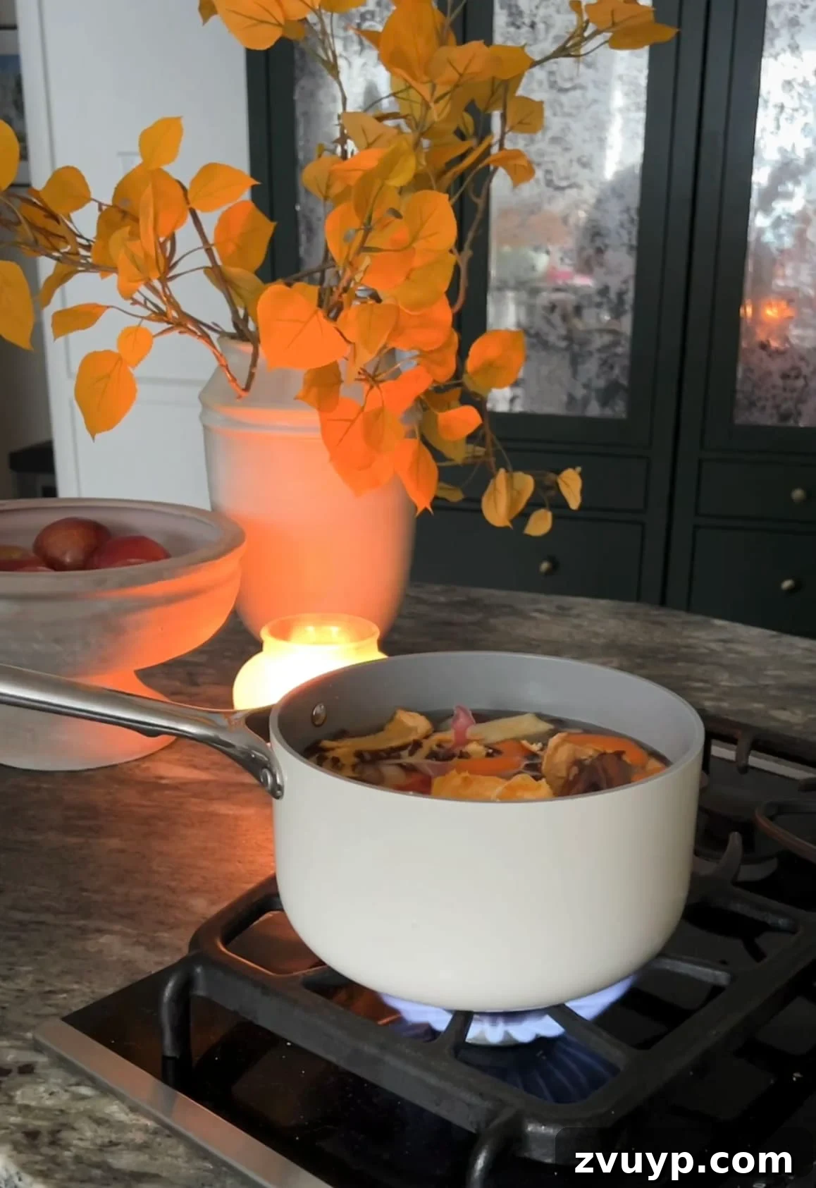 Sustainable Autumn Simmering Potpourri 6 potpourri ingredients simmering on a stovetop