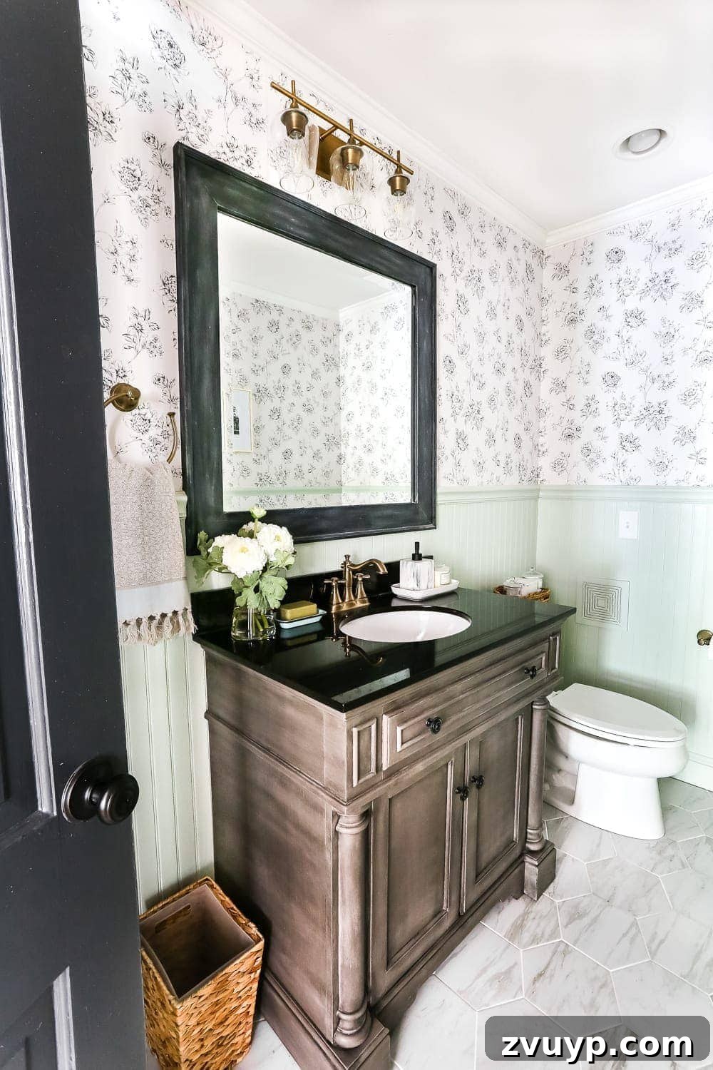 Craft Your Perfect Room 3 Tools for Makeover Mastery 11 powder room before with black and white floral wallpaper and aqua beadboard