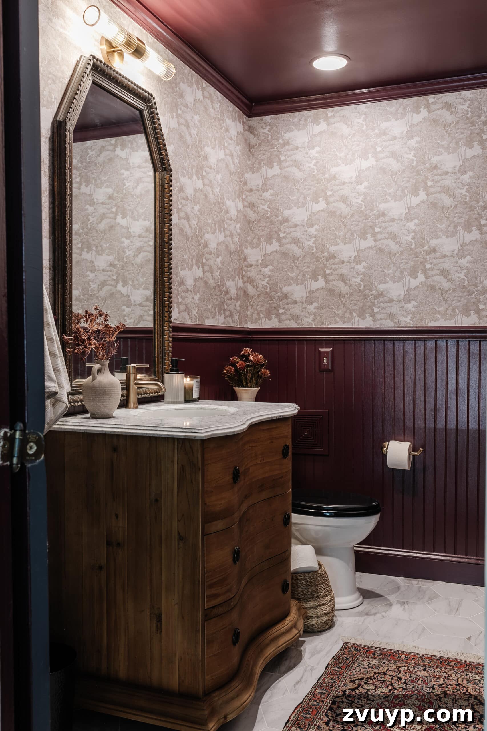 Brightening Up a Windowless Powder Room: DIY Style 2 windowless half bath makeover in Farrow and Ball Brinjal