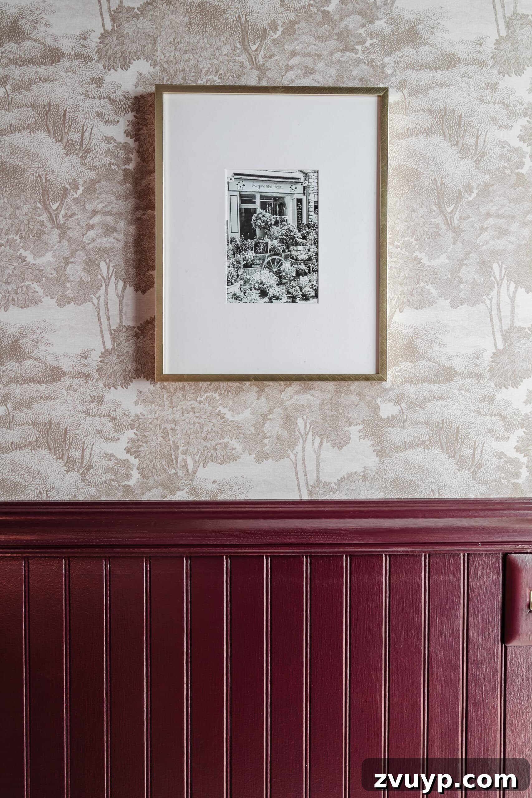Brightening Up a Windowless Powder Room: DIY Style 11 Rebel Walls Saint Sebastian wallpaper and beadboard painted Farrow and Ball Brinjal